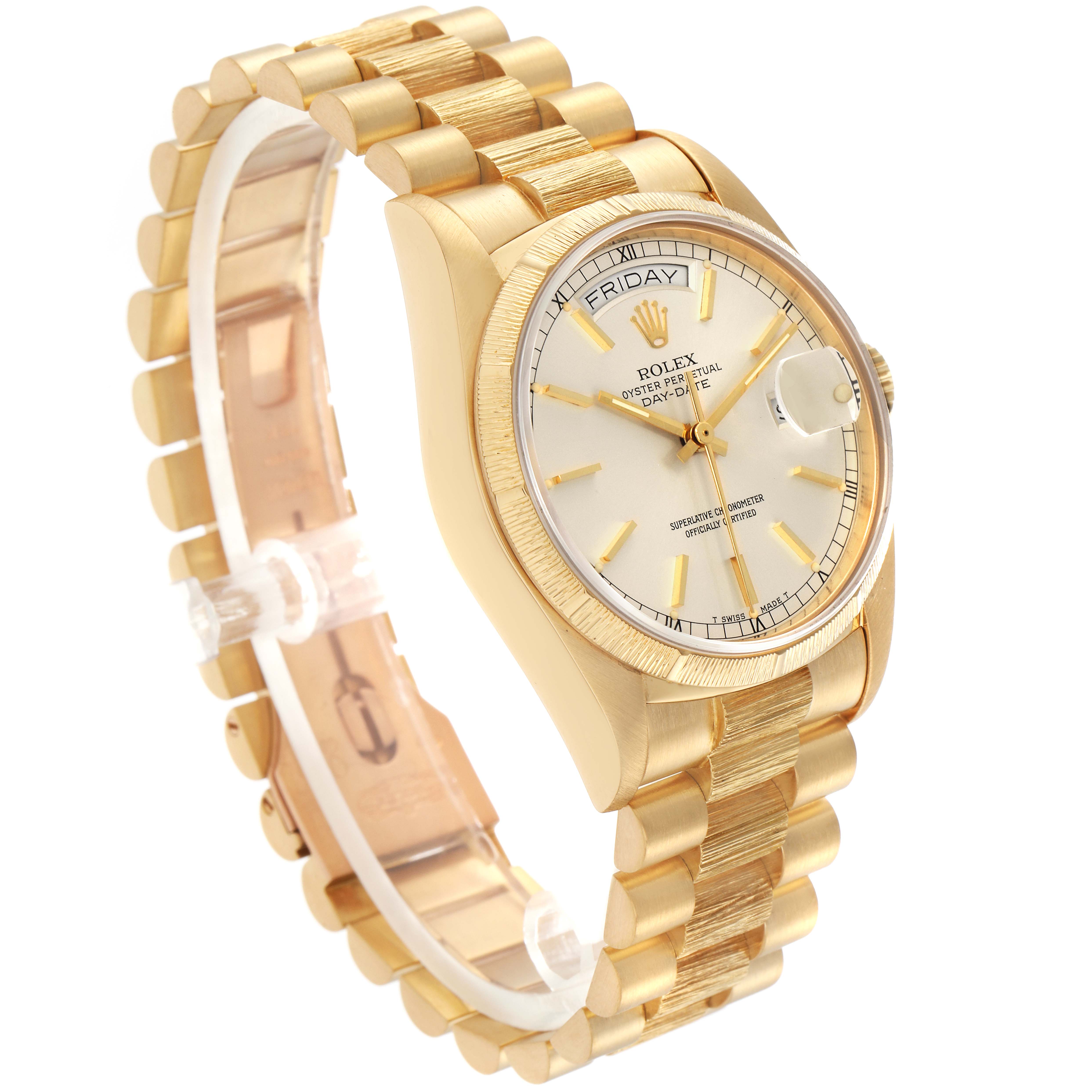 The Rolex President 18078 Men
s Yellow Gold Silver Dial 18078 Men
s Yellow Gold Silver Dial model watch is shown at an angle highlighting the dial, bezel, and bracelet links.