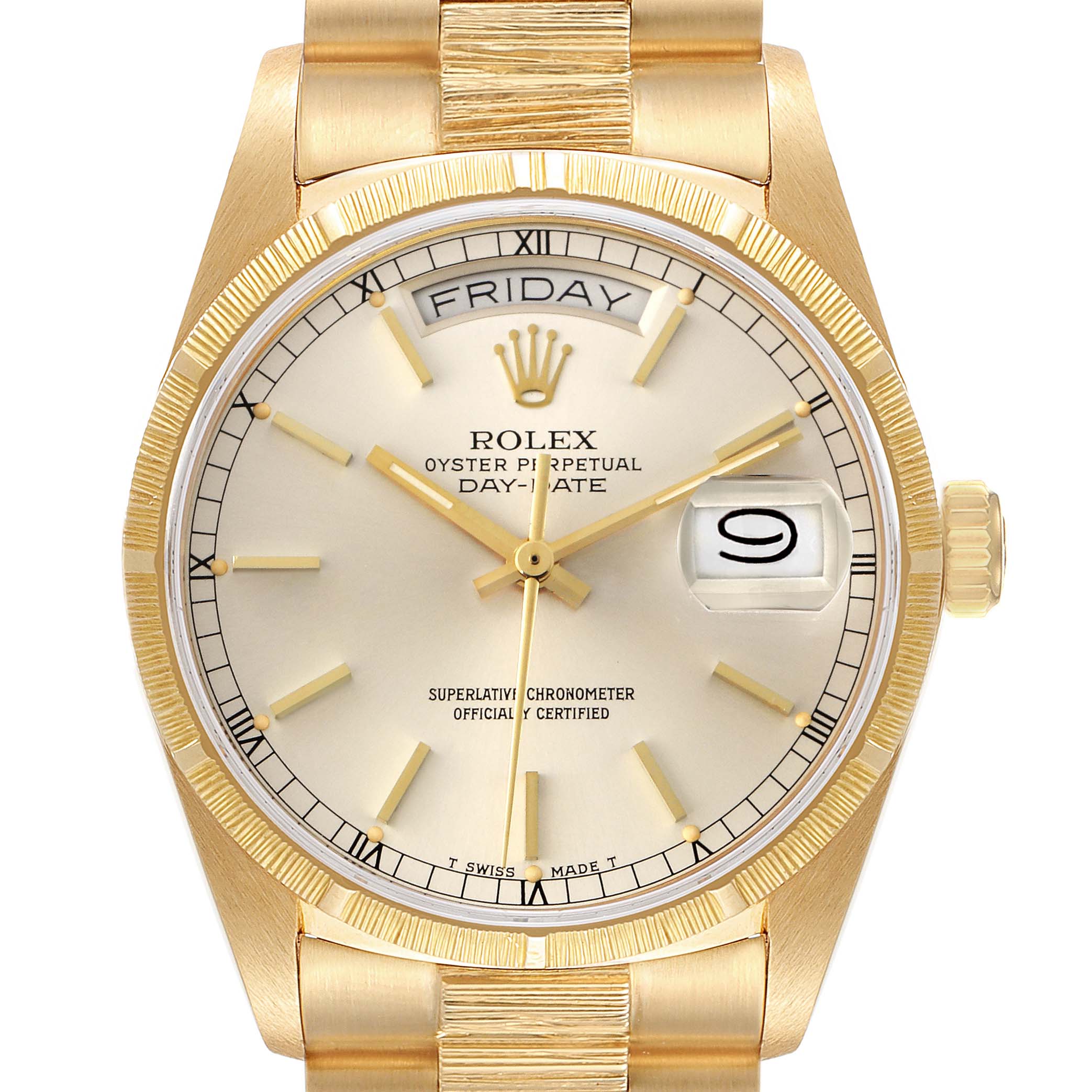 The Rolex President 18078 Men
s Yellow Gold Silver Dial 18078 Men
s Yellow Gold Silver Dial model is shown from a front angle, displaying the dial, bezel, crown, and part of the bracelet.