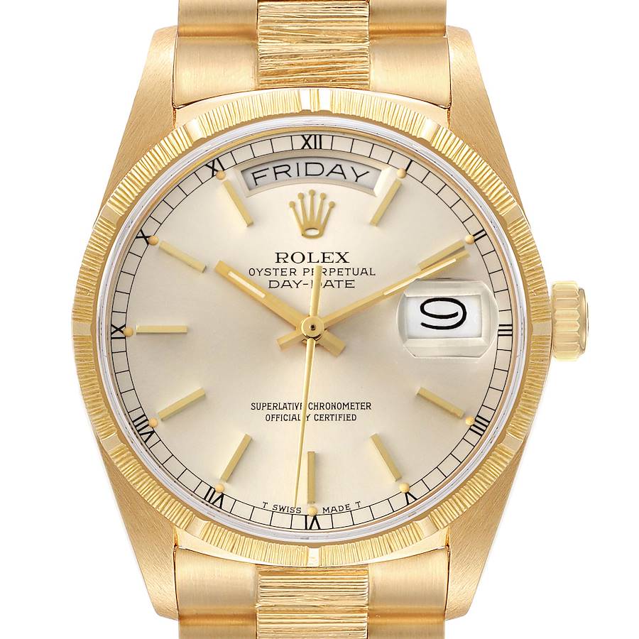 The Rolex President model is shown from a front angle, displaying the dial, bezel, crown, and part of the bracelet.