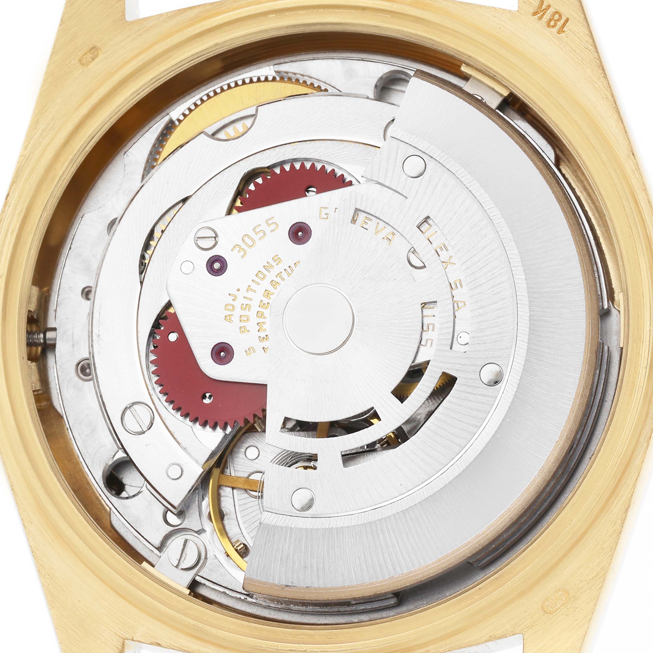 The image shows the movement mechanism of a Rolex President 18078 Men
s Yellow Gold Silver Dial 18078 Men
s Yellow Gold Silver Dial watch from a top-down angle.