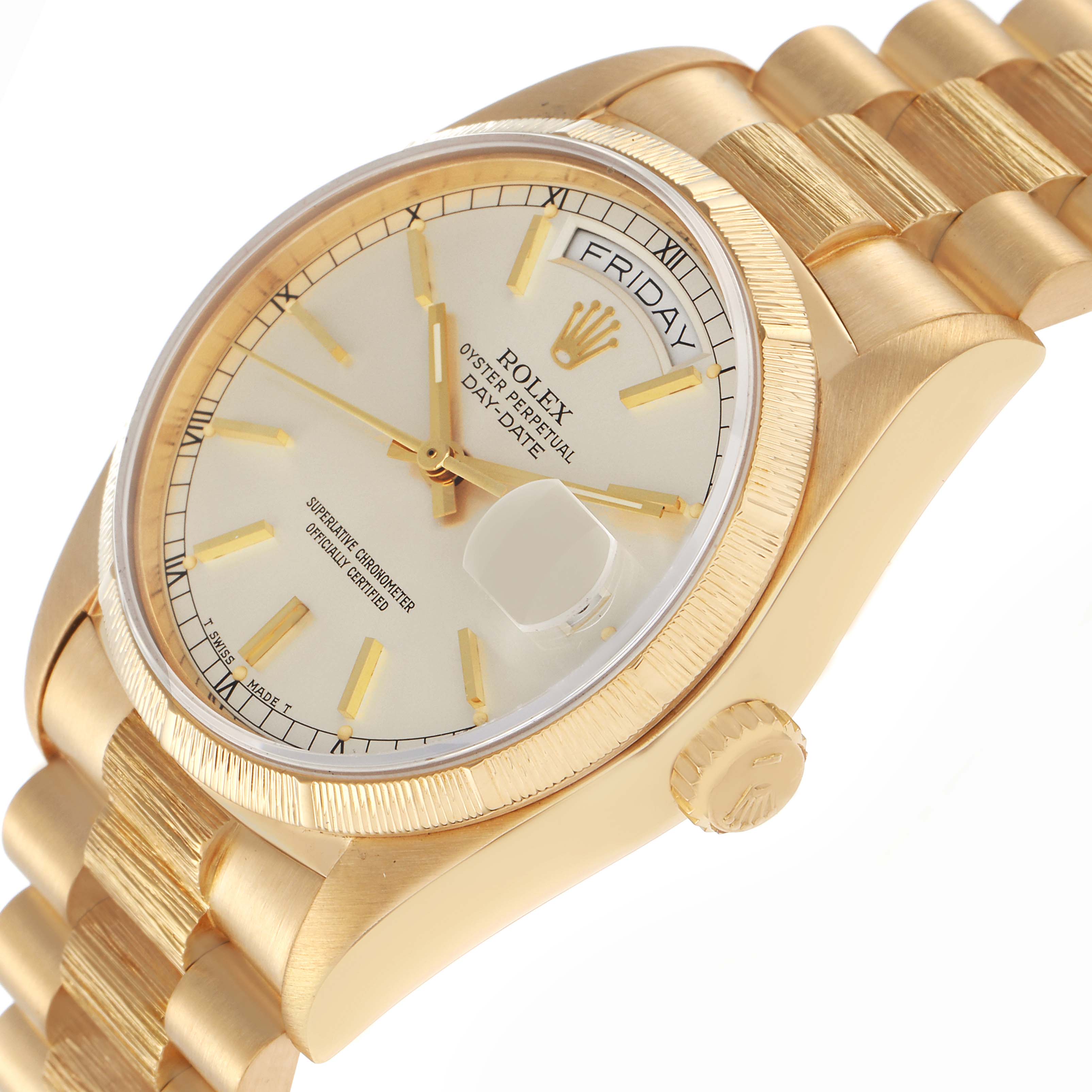 The Rolex President 18078 Men
s Yellow Gold Silver Dial 18078 Men
s Yellow Gold Silver Dial watch is shown at an angled side view, highlighting the dial, fluted bezel, and bracelet.