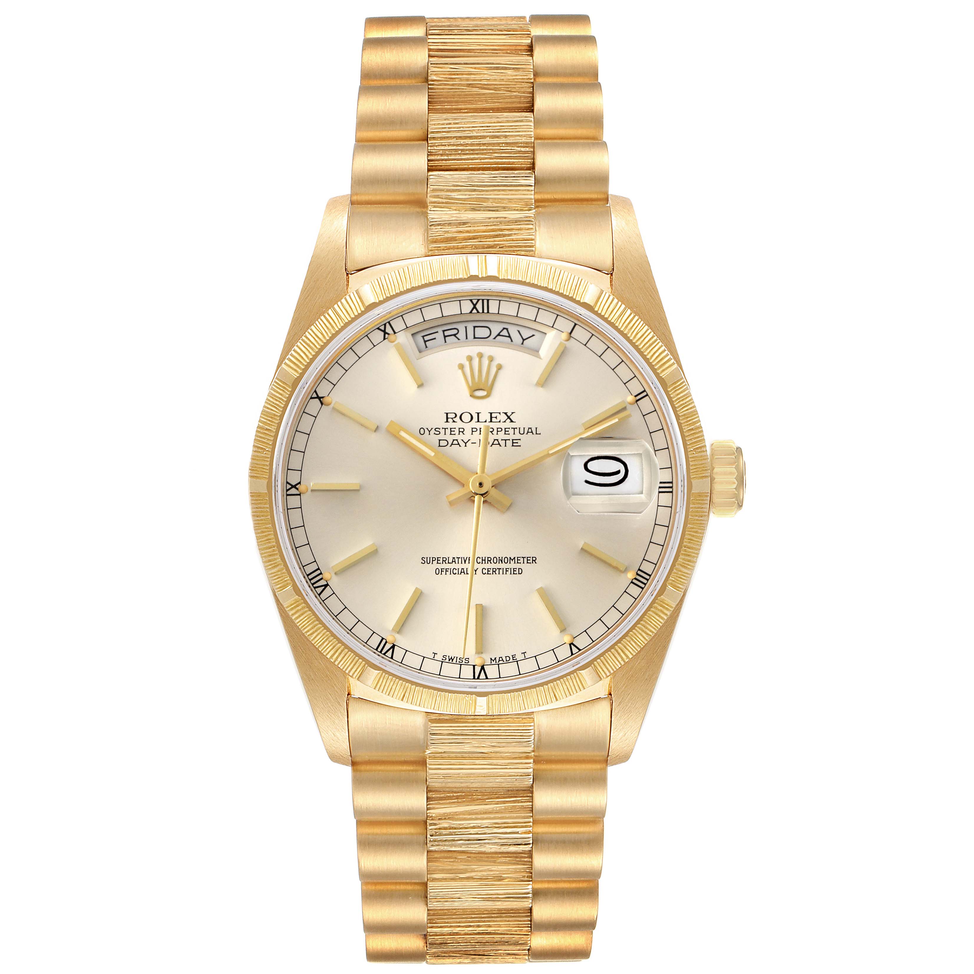 The Rolex President 18078 Men
s Yellow Gold Silver Dial 18078 Men
s Yellow Gold Silver Dial model watch is shown from the front, displaying the dial, bracelet, bezel, and day-date features.