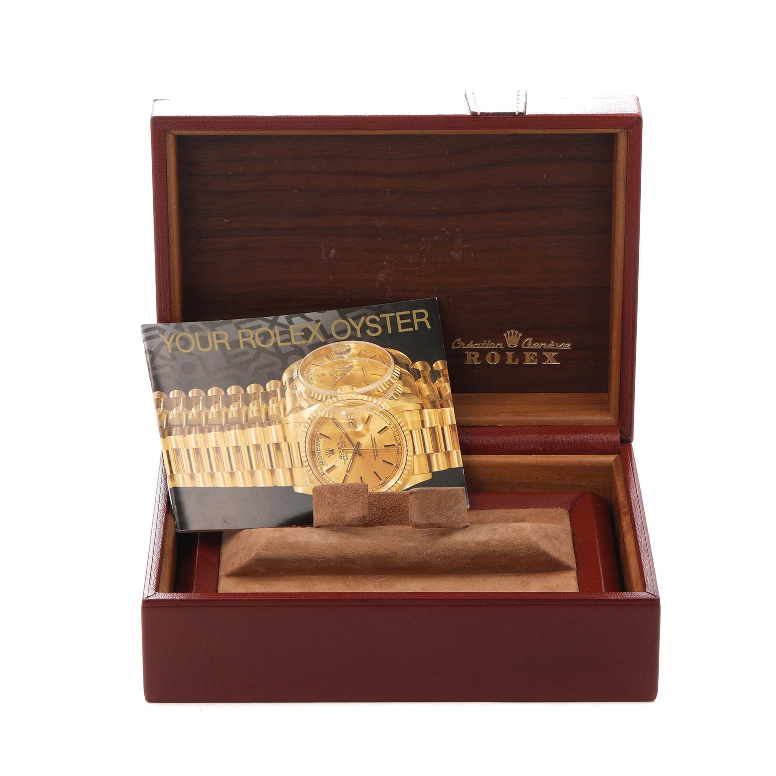 The image shows the Rolex President 18078 Men
s Yellow Gold Silver Dial 18078 Men
s Yellow Gold Silver Dial model box, an open view with printed materials.