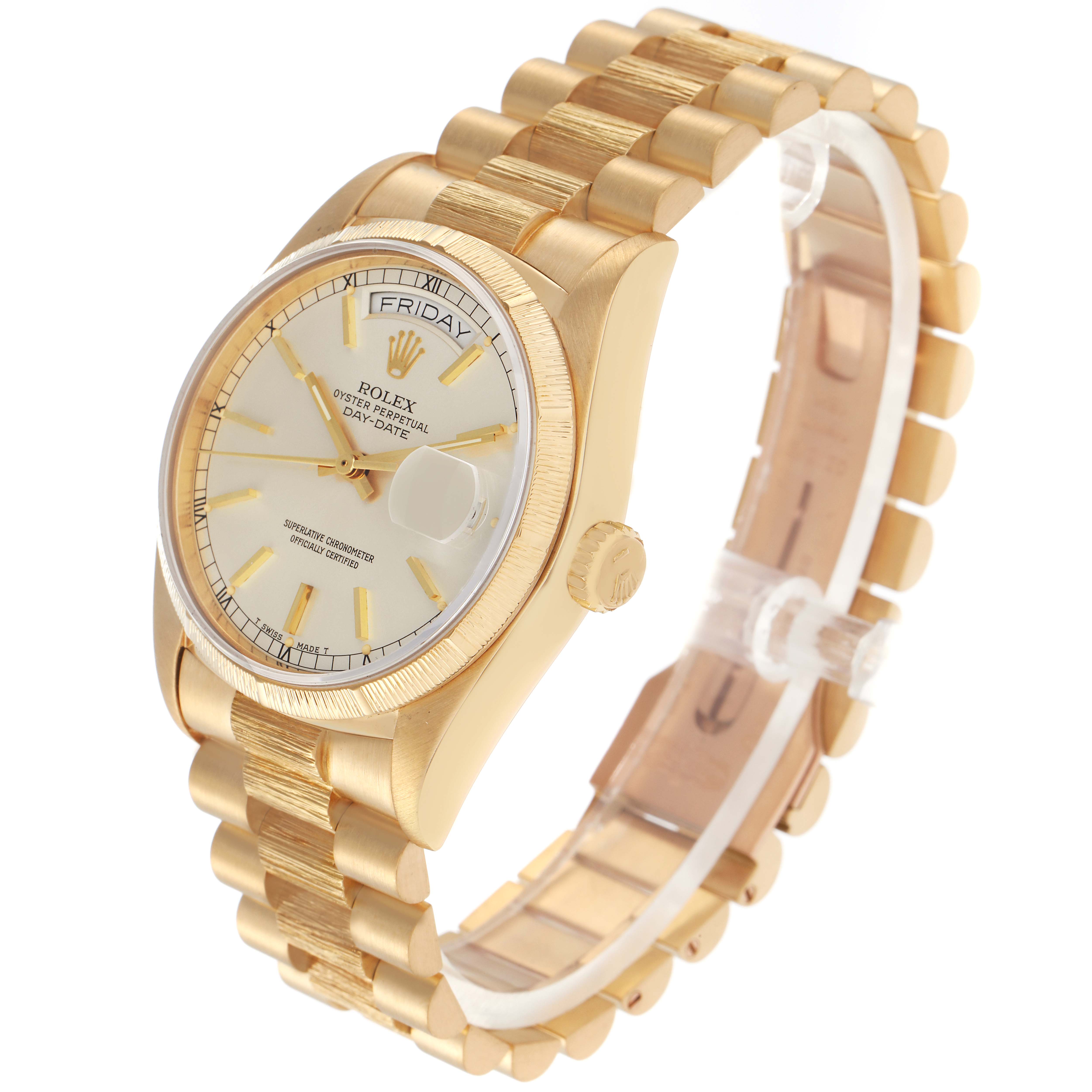 The Rolex President 18078 Men
s Yellow Gold Silver Dial 18078 Men
s Yellow Gold Silver Dial watch is shown at a three-quarter angle, highlighting the dial, bezel, crown, and bracelet.