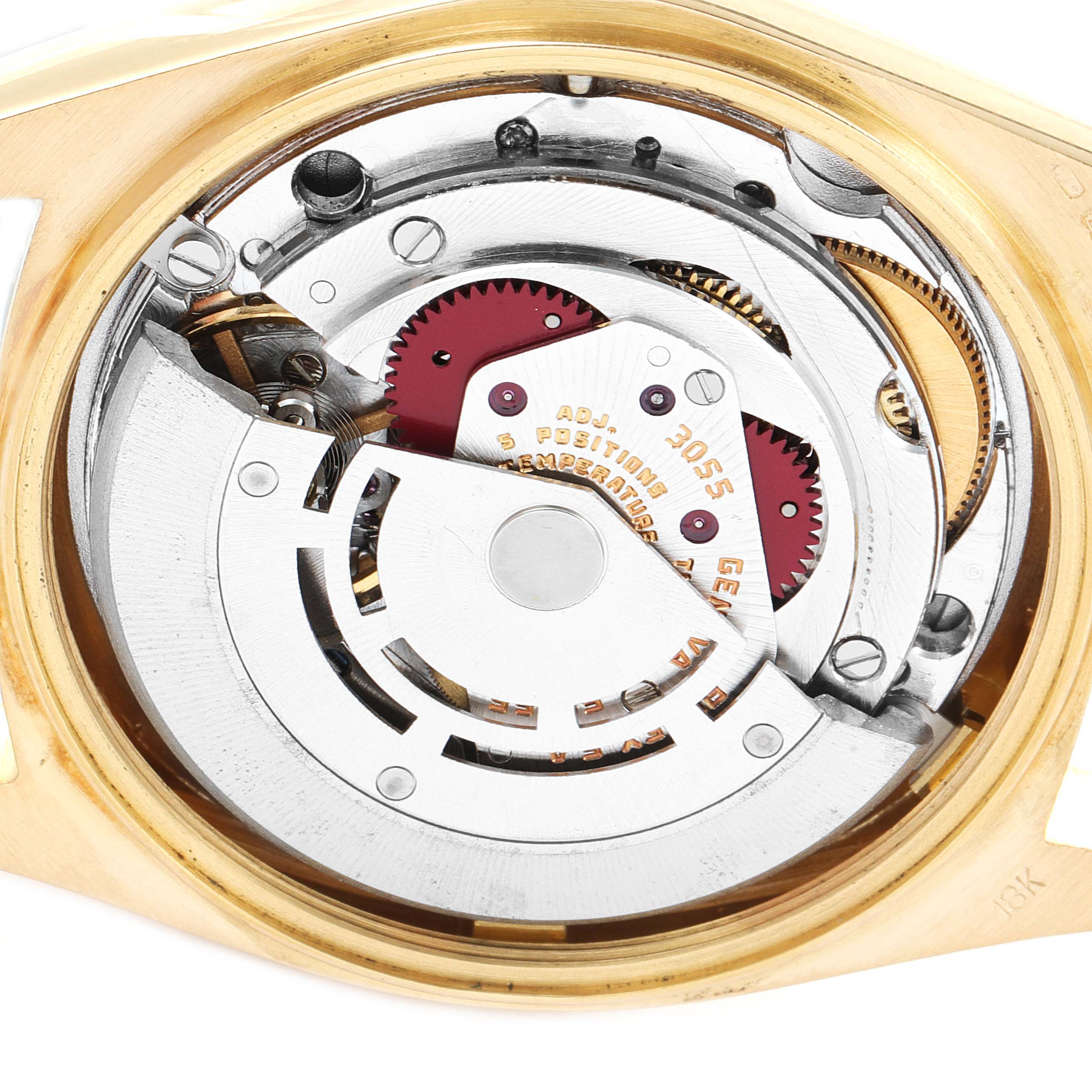The image shows the internal mechanical movement of a Rolex President 18038 Men's Yellow Gold Champagne Dial 18038 Men's Yellow Gold Champagne Dial model watch from a top-down view.