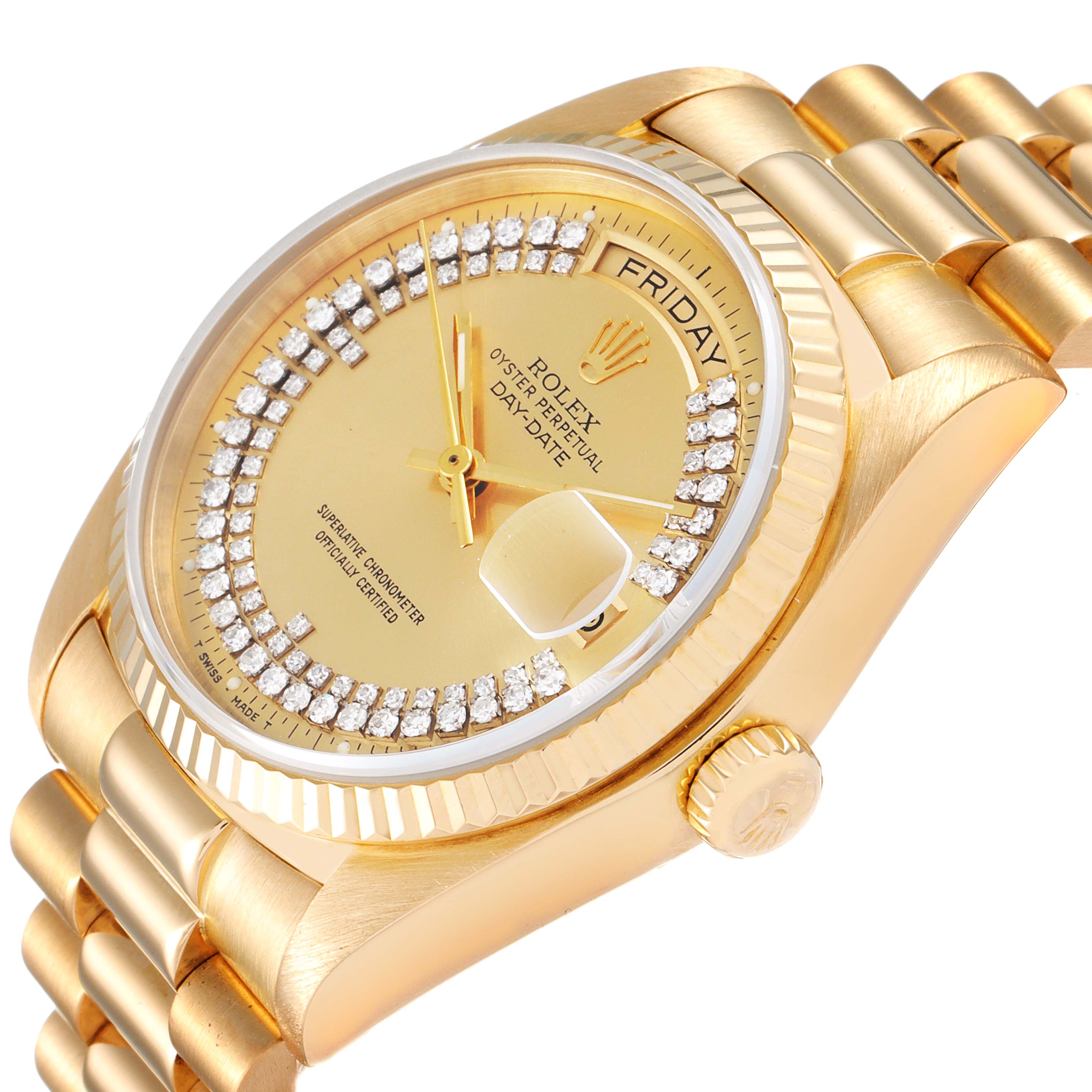 The image shows a close-up angled view of a Rolex President 18038 Men's Yellow Gold Champagne Dial 18038 Men's Yellow Gold Champagne Dial model watch, highlighting the dial, crown, and bracelet.