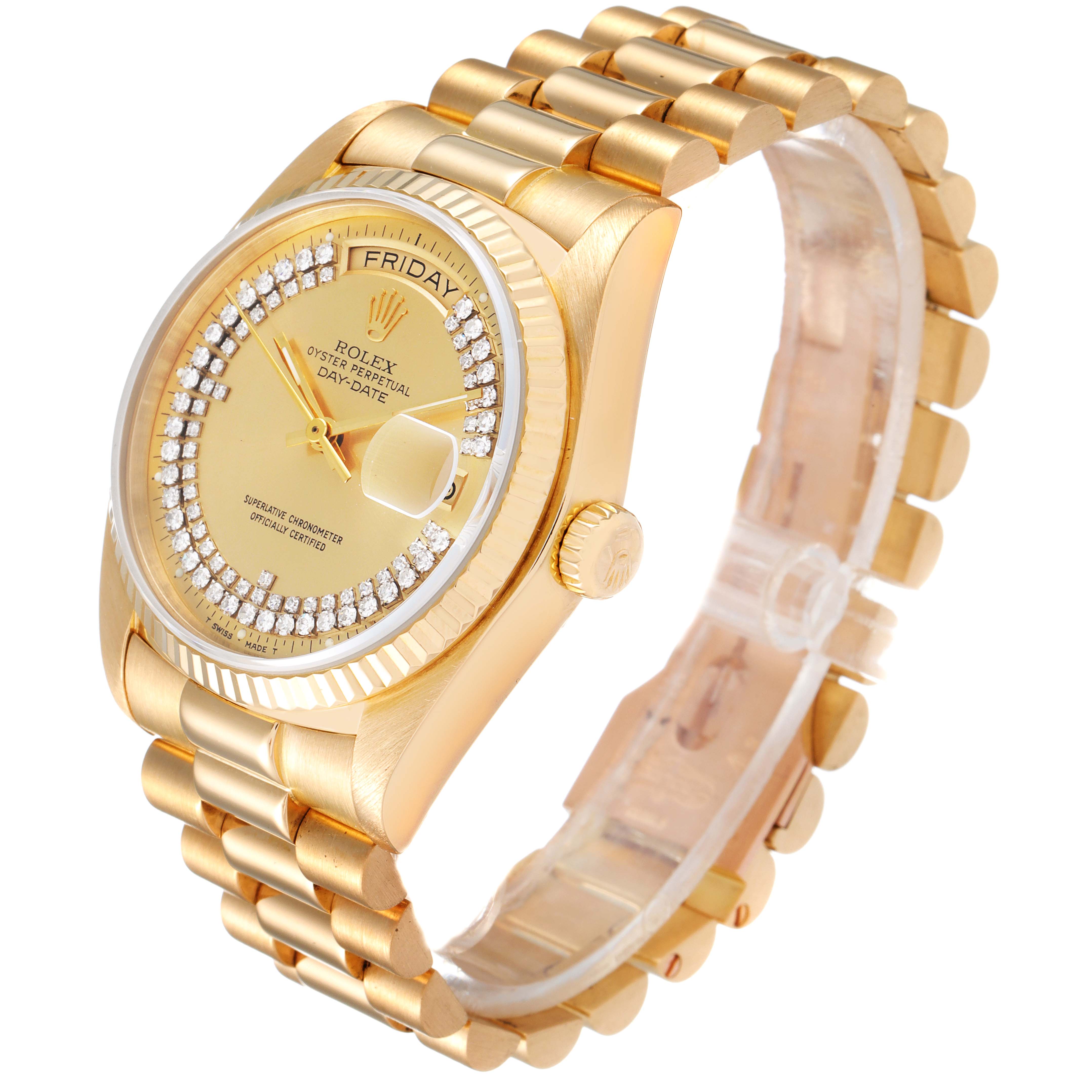 This Rolex President 18038 Men's Yellow Gold Champagne Dial 18038 Men's Yellow Gold Champagne Dial model watch is shown at a three-quarter angle, highlighting its gold case, bracelet, and diamond-encrusted dial.