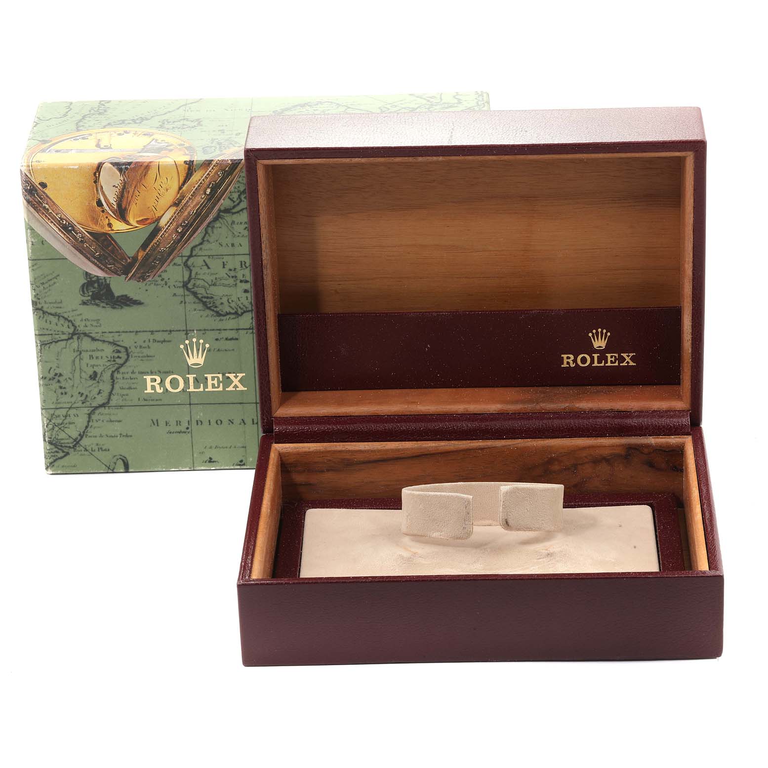 The image shows a Rolex President 68158 Women's Yellow Gold Champagne Dial 68158 Women's Yellow Gold Champagne Dial watch box, lid open, with the Rolex branding inside and the outer green packaging.