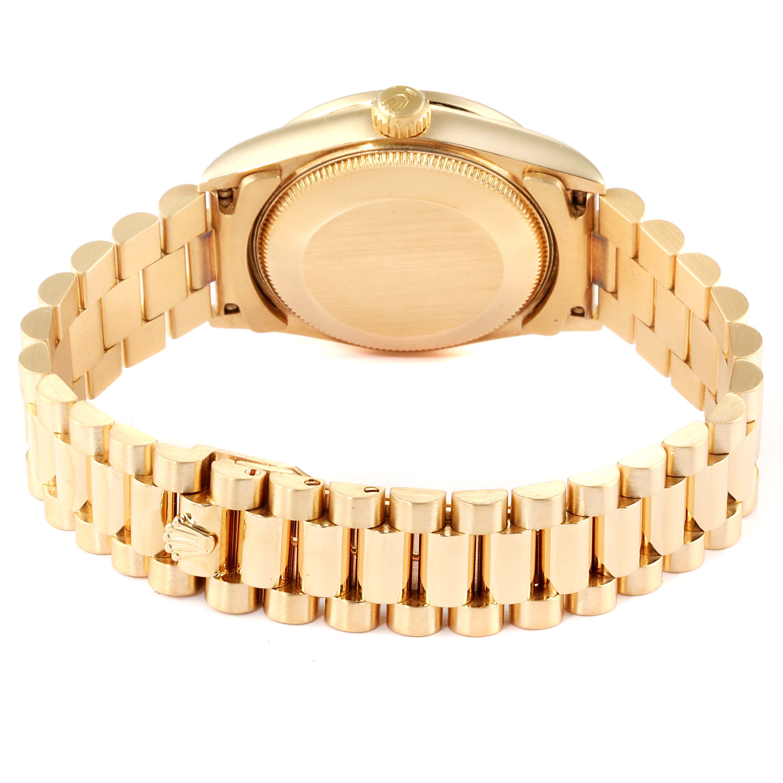 The image shows the back case and the gold bracelet of a Rolex President 68158 Women's Yellow Gold Champagne Dial 68158 Women's Yellow Gold Champagne Dial model watch.