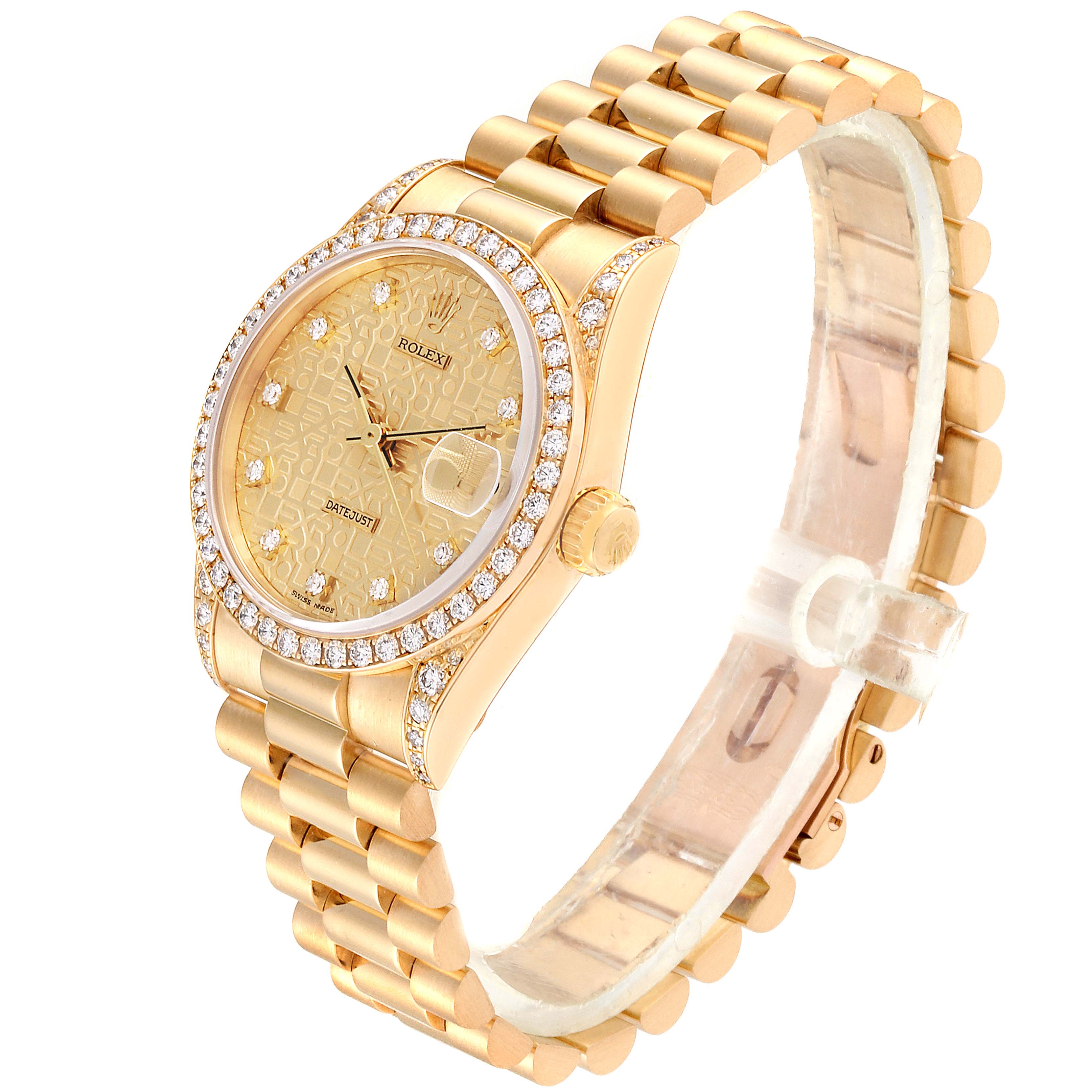 This image shows a side angle of the Rolex President 68158 Women's Yellow Gold Champagne Dial 68158 Women's Yellow Gold Champagne Dial watch, displaying its golden bracelet, bezel, and dial.
