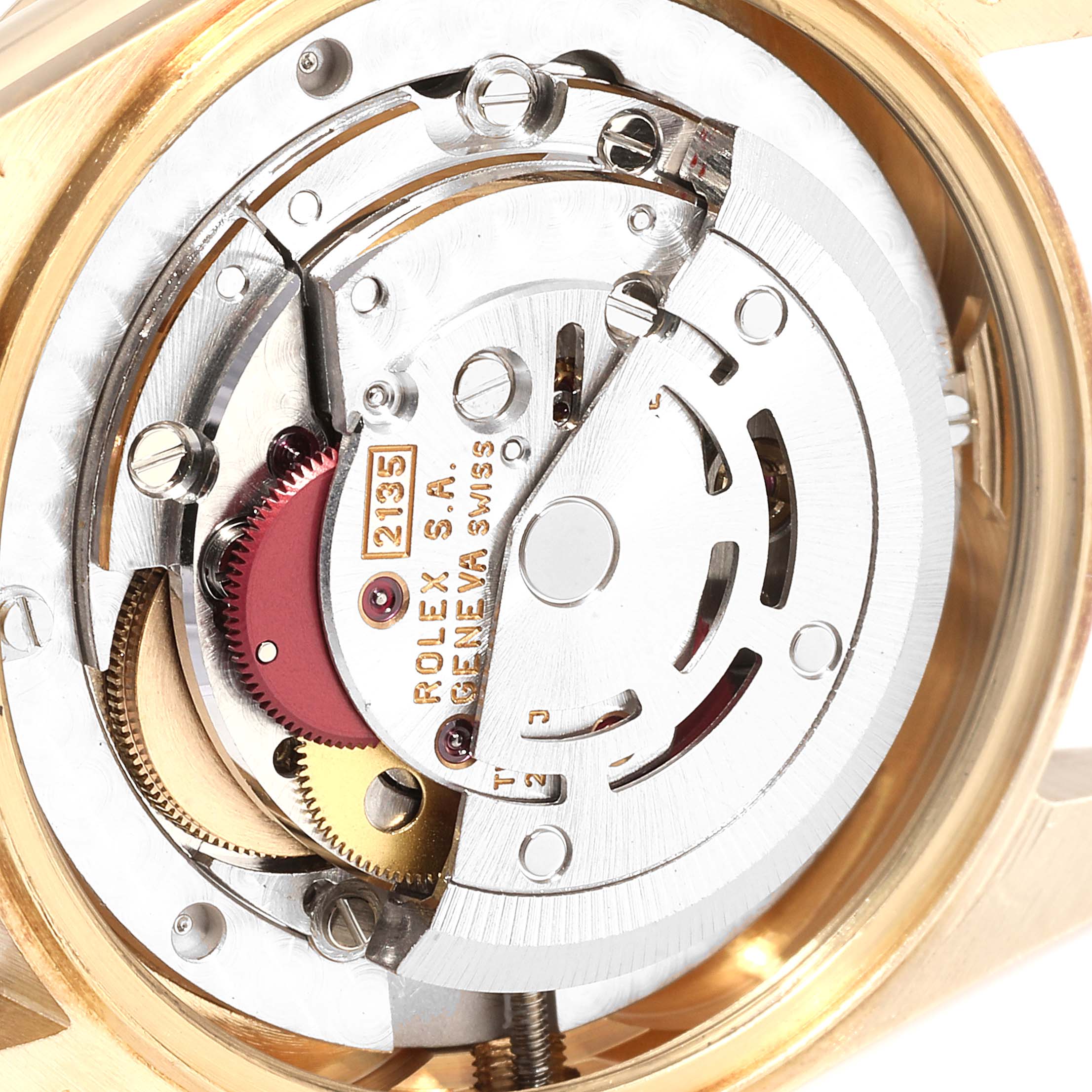 This image shows a close-up of the inner mechanism of a Rolex President 68158 Women's Yellow Gold Champagne Dial 68158 Women's Yellow Gold Champagne Dial model watch.
