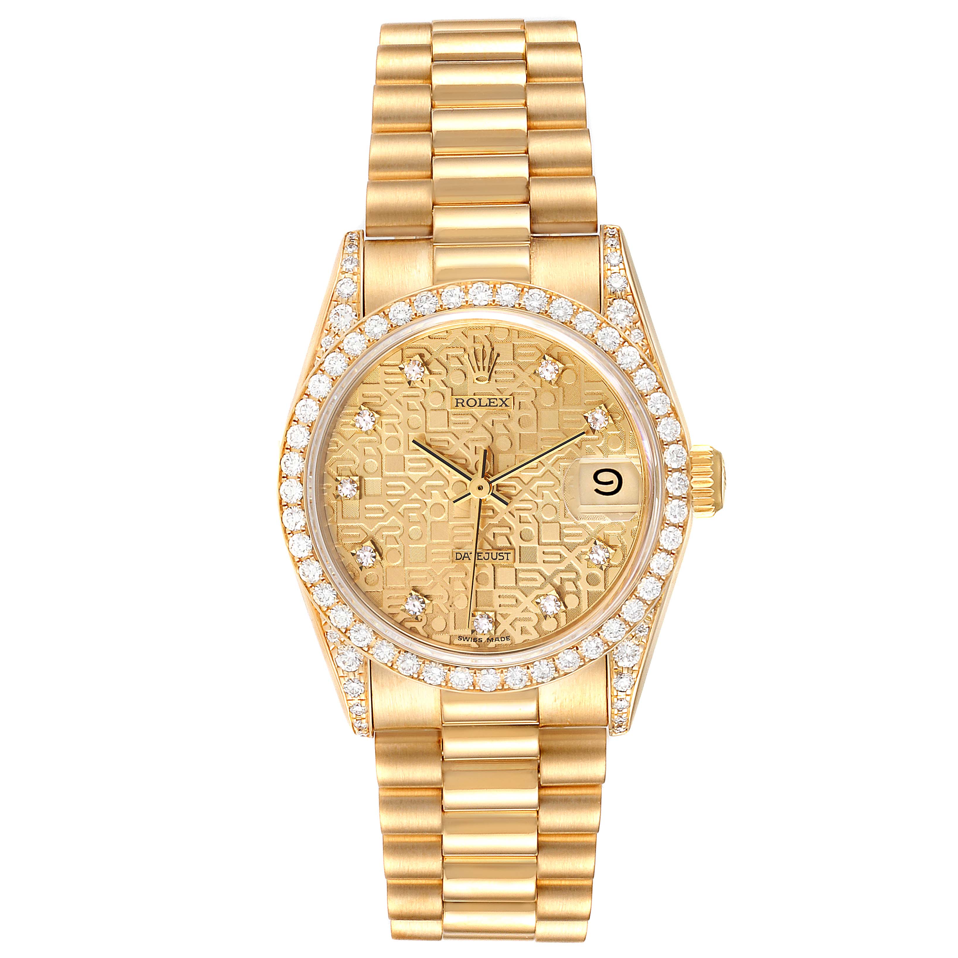 This image shows a Rolex President 68158 Women's Yellow Gold Champagne Dial 68158 Women's Yellow Gold Champagne Dial model watch from the front, featuring its face, dial, bezel, and bracelet.