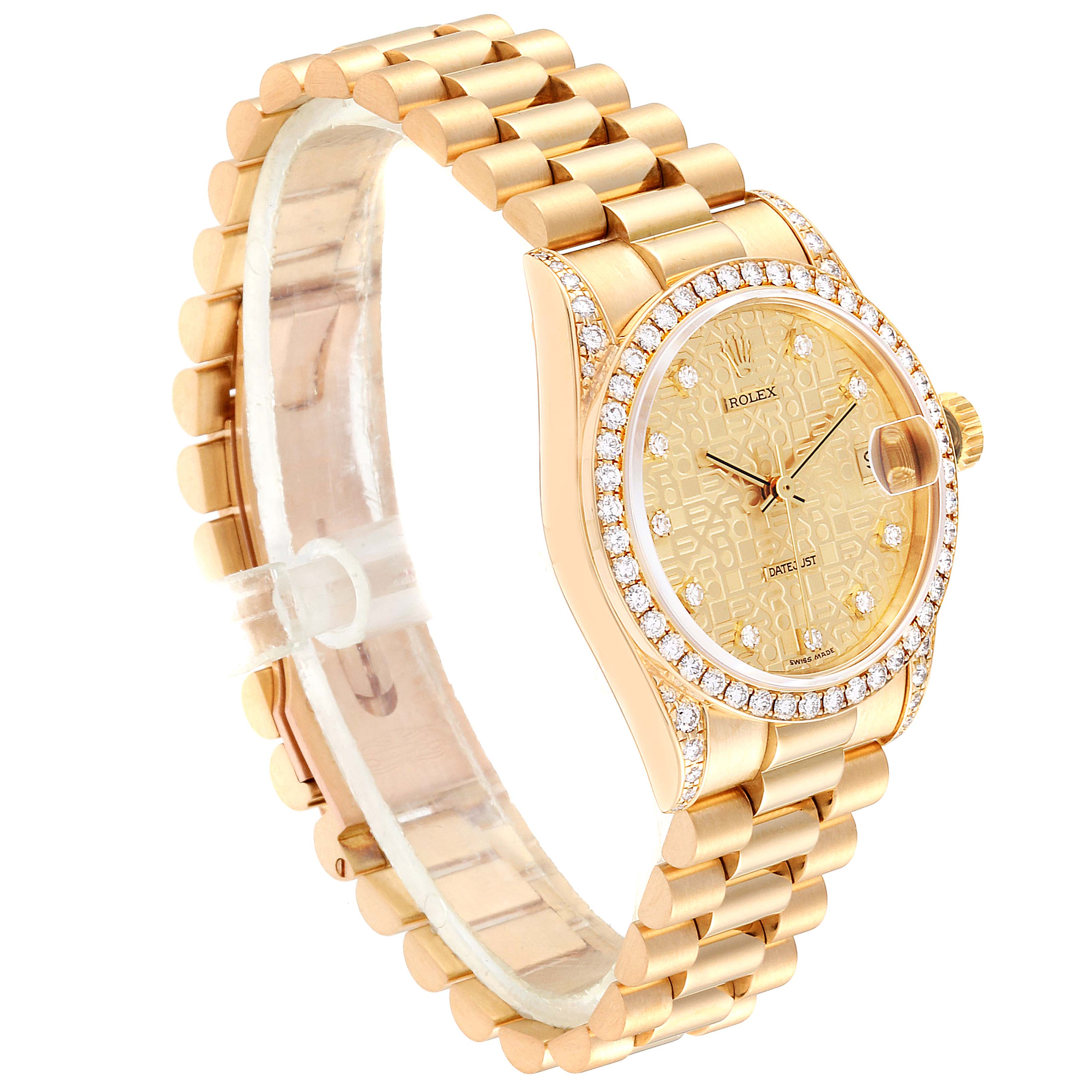 The Rolex President 68158 Women's Yellow Gold Champagne Dial 68158 Women's Yellow Gold Champagne Dial model watch is shown at an angle highlighting the face, crown, bezel, and part of the bracelet band.