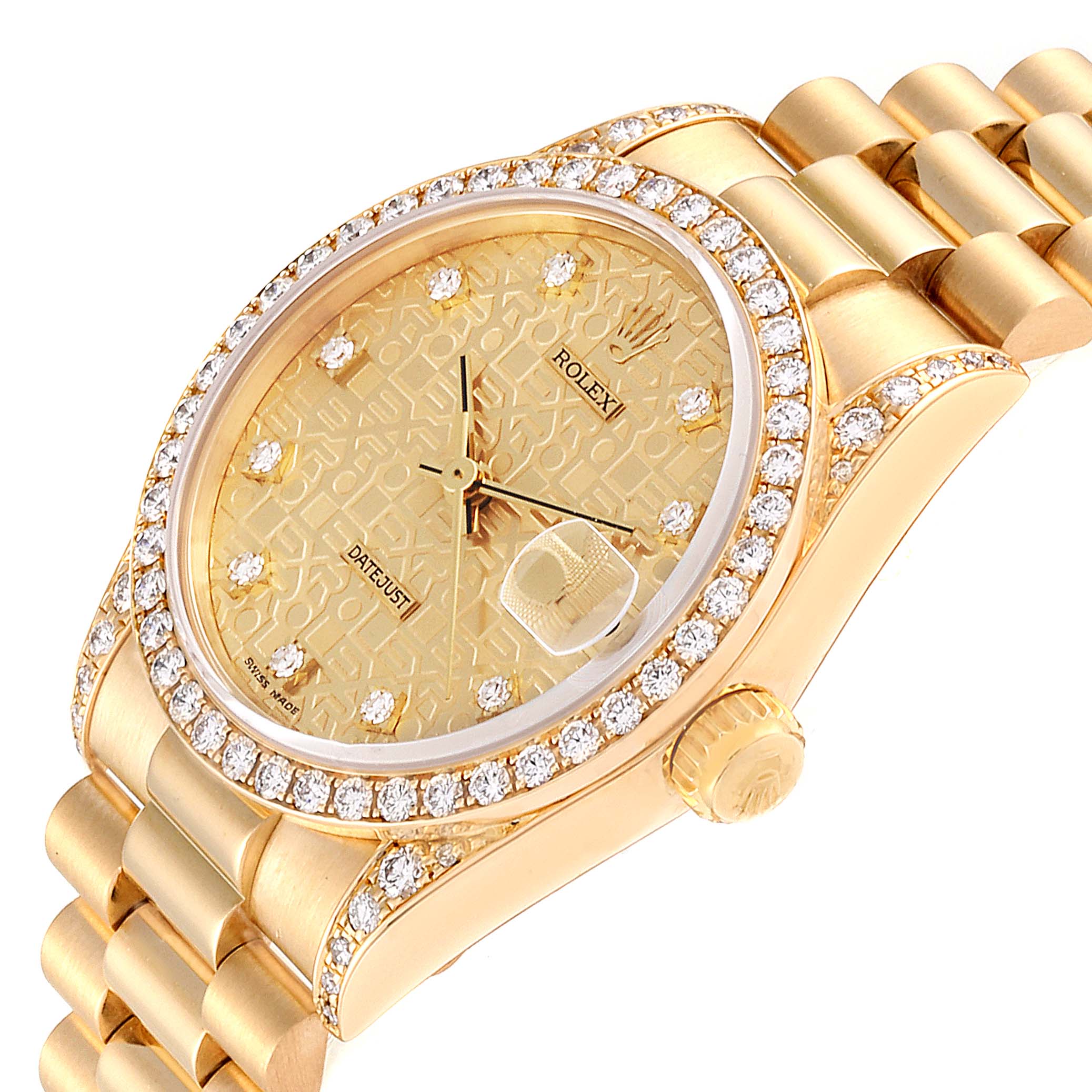 The image shows a Rolex President 68158 Women's Yellow Gold Champagne Dial 68158 Women's Yellow Gold Champagne Dial model watch at an oblique angle, highlighting the diamond-studded bezel, dial, and bracelet.