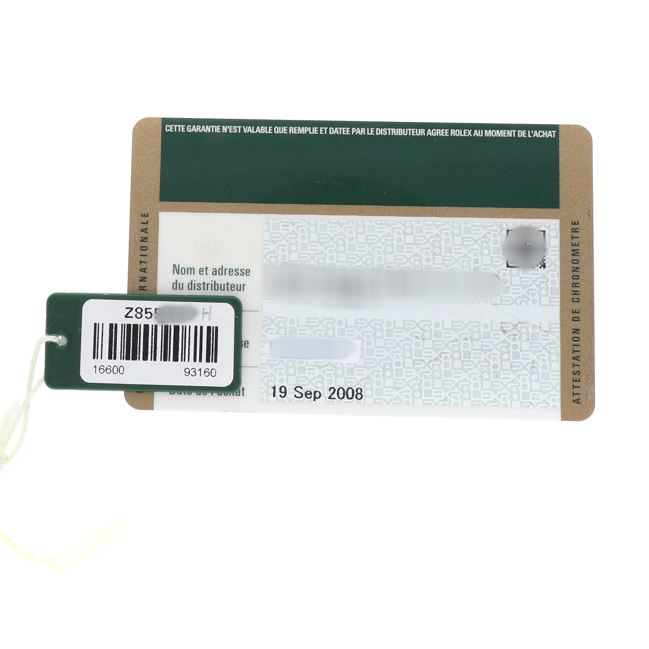 The image shows a warranty card for a Rolex Sea-Dweller 16600 Men's Stainless Steel Black Dial, featuring a barcode tag and purchase date.