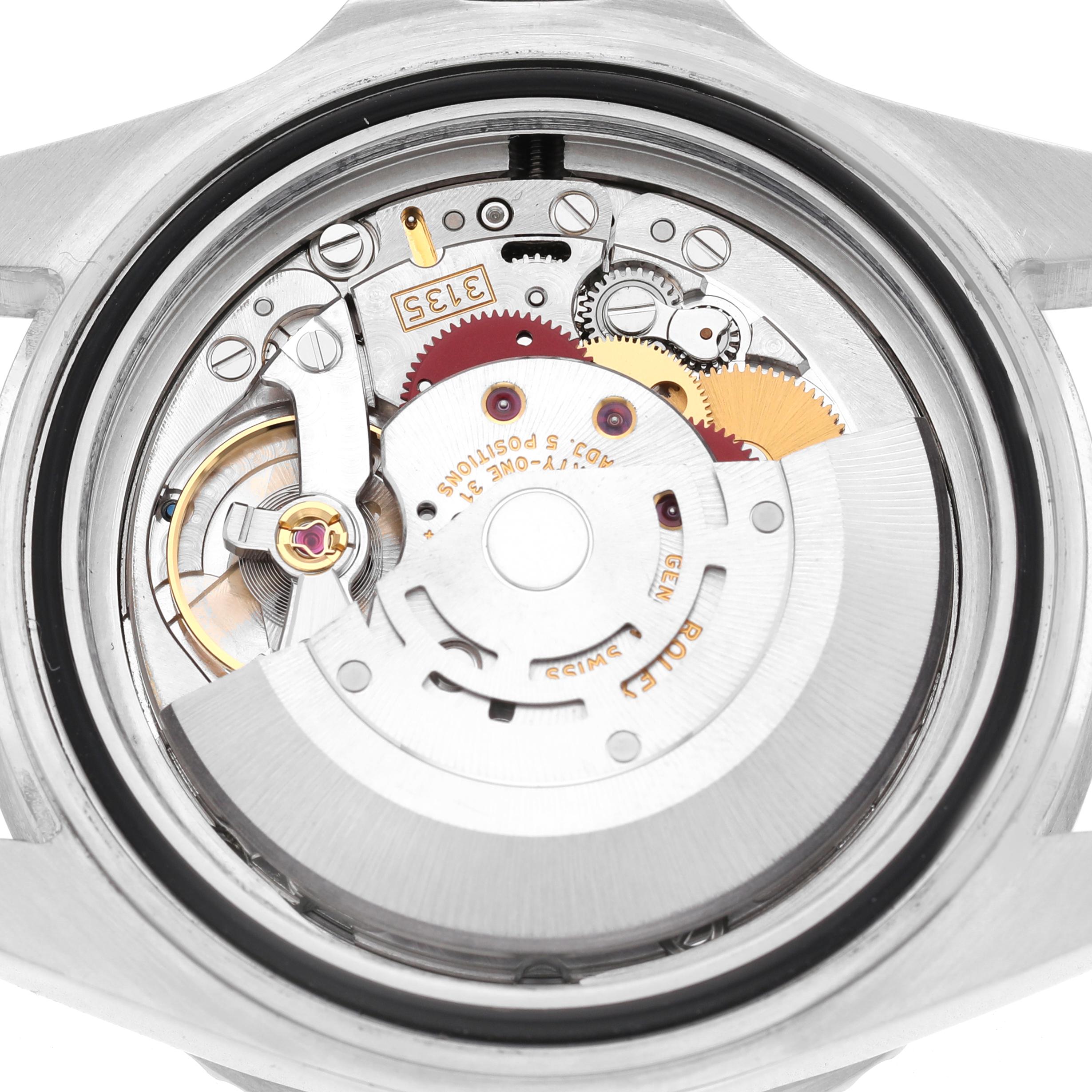 The image shows the internal movement of a Rolex Sea-Dweller 16600 Men's Stainless Steel Black Dial watch from a back angle.