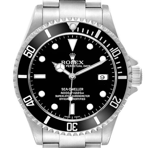 The Rolex Sea-Dweller 16600 Men's Stainless Steel Black Dial watch is shown from a front angle, highlighting the bezel, dial, hands, and crown.