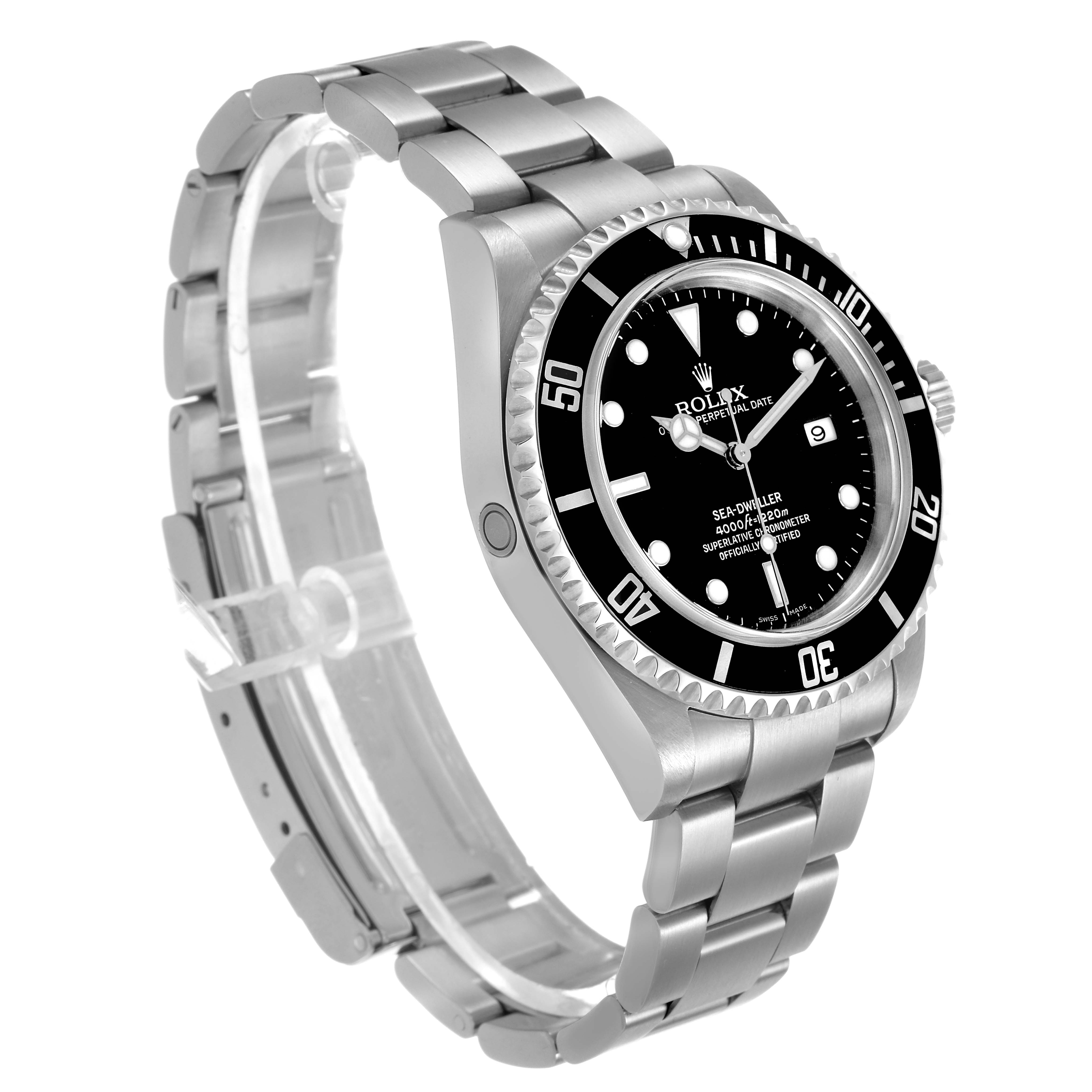 The Rolex Sea-Dweller 16600 Men's Stainless Steel Black Dial watch is shown from a three-quarter angle, highlighting the bezel, dial, bracelet, and crown.