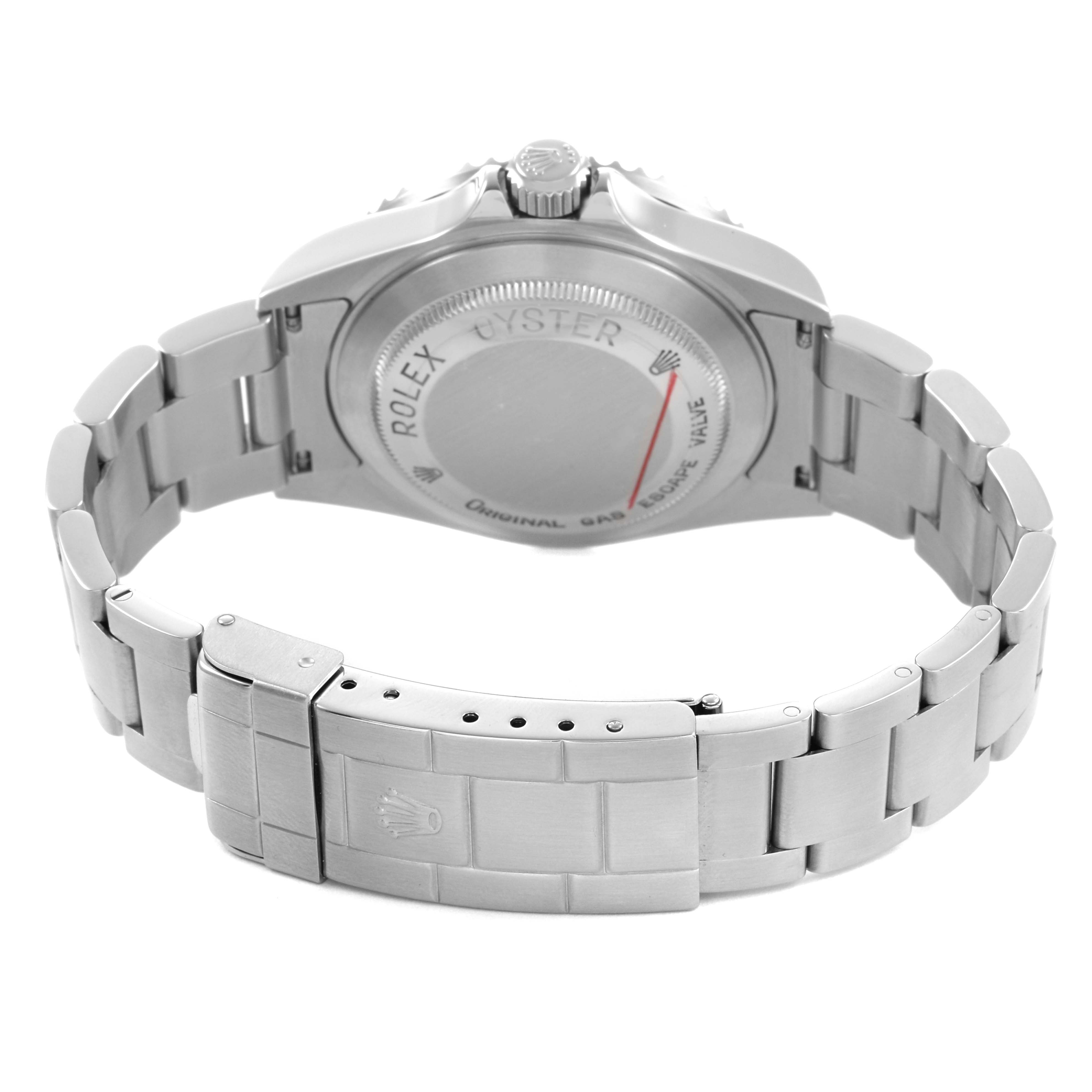 The image shows the back case and bracelet of a Rolex Sea-Dweller 16600 Men's Stainless Steel Black Dial, focusing on the clasp and engraving details.