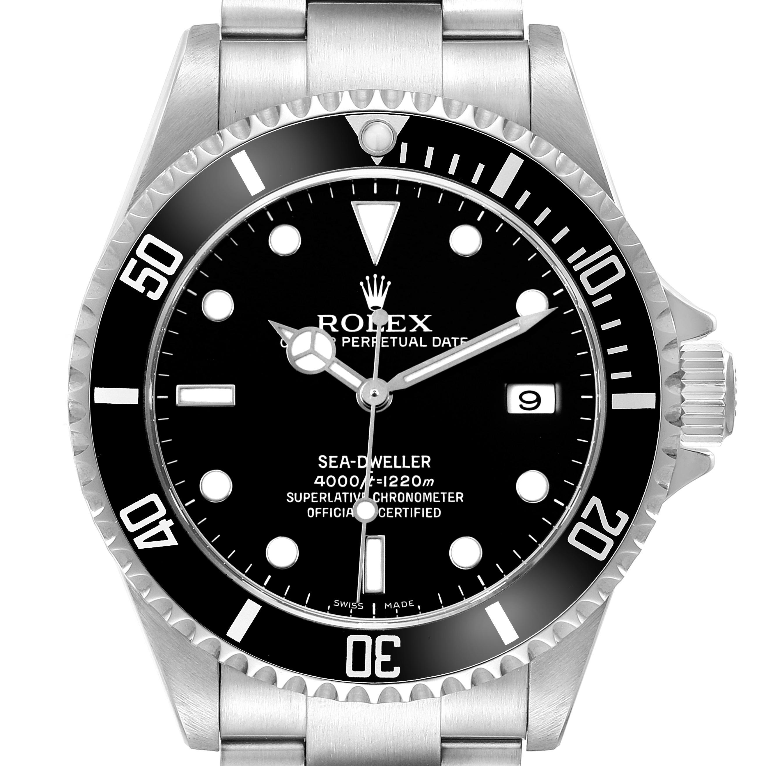 The Rolex Sea-Dweller 16600 Men's Stainless Steel Black Dial watch is shown from the front, displaying the dial, bezel, and part of the bracelet.