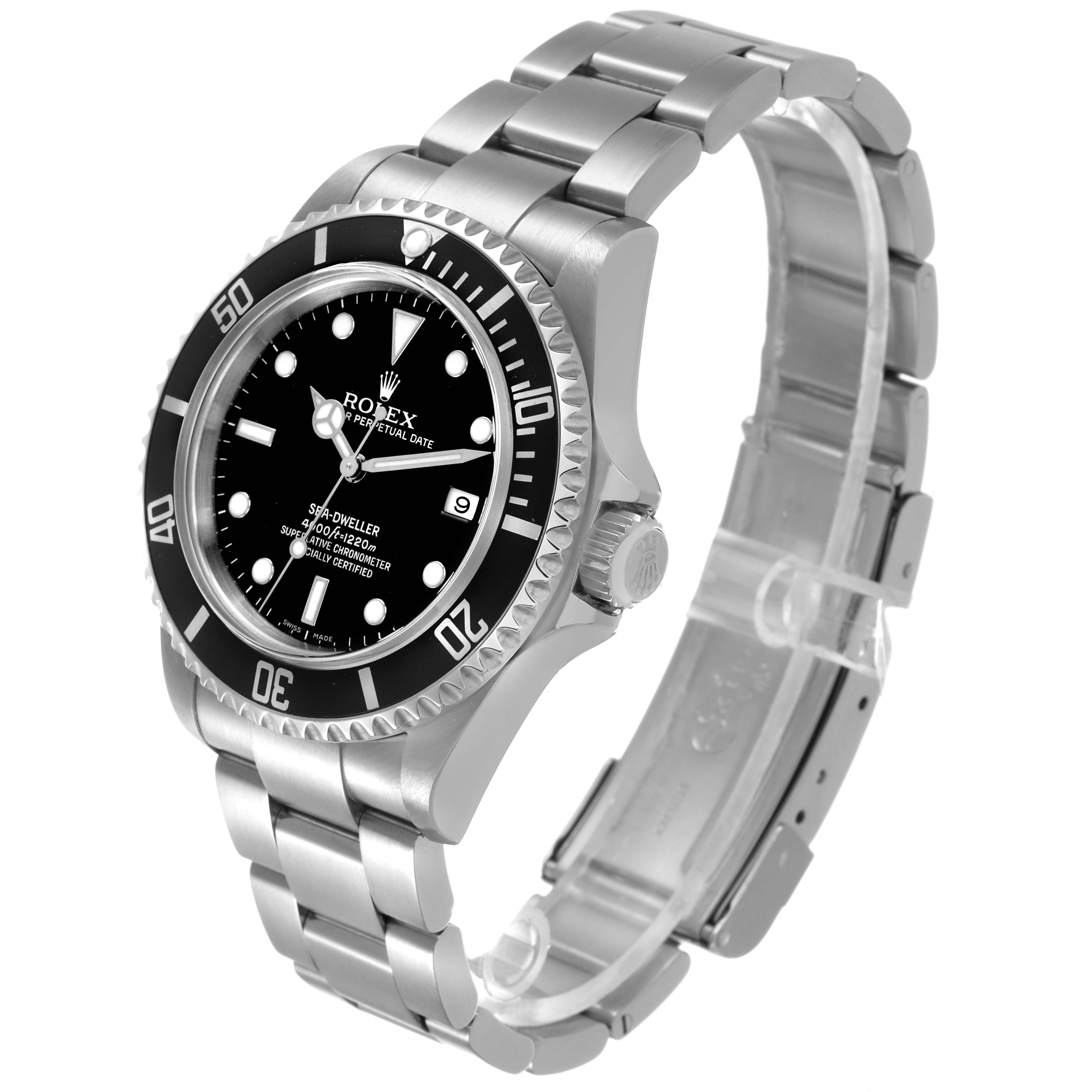 The Rolex Sea-Dweller 16600 Men's Stainless Steel Black Dial watch is shown at a three-quarter angle, displaying the face, bezel, and bracelet.