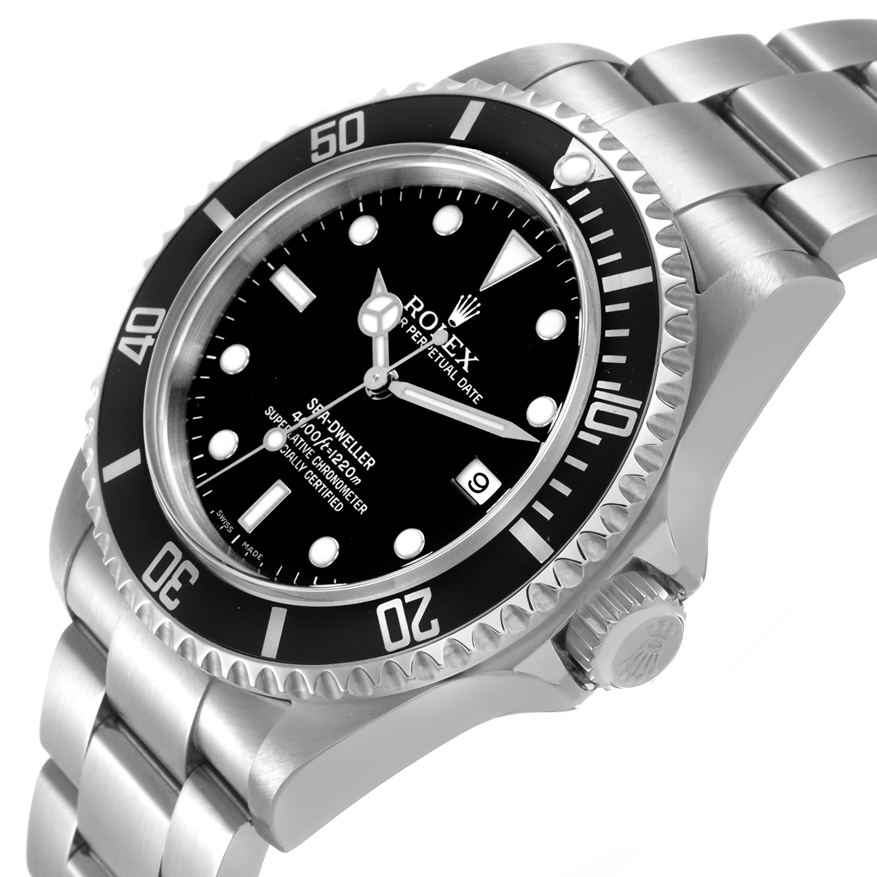The Rolex Sea-Dweller 16600 Men's Stainless Steel Black Dial watch is shown at a tilted angle, highlighting the dial, bezel, crown, and bracelet.