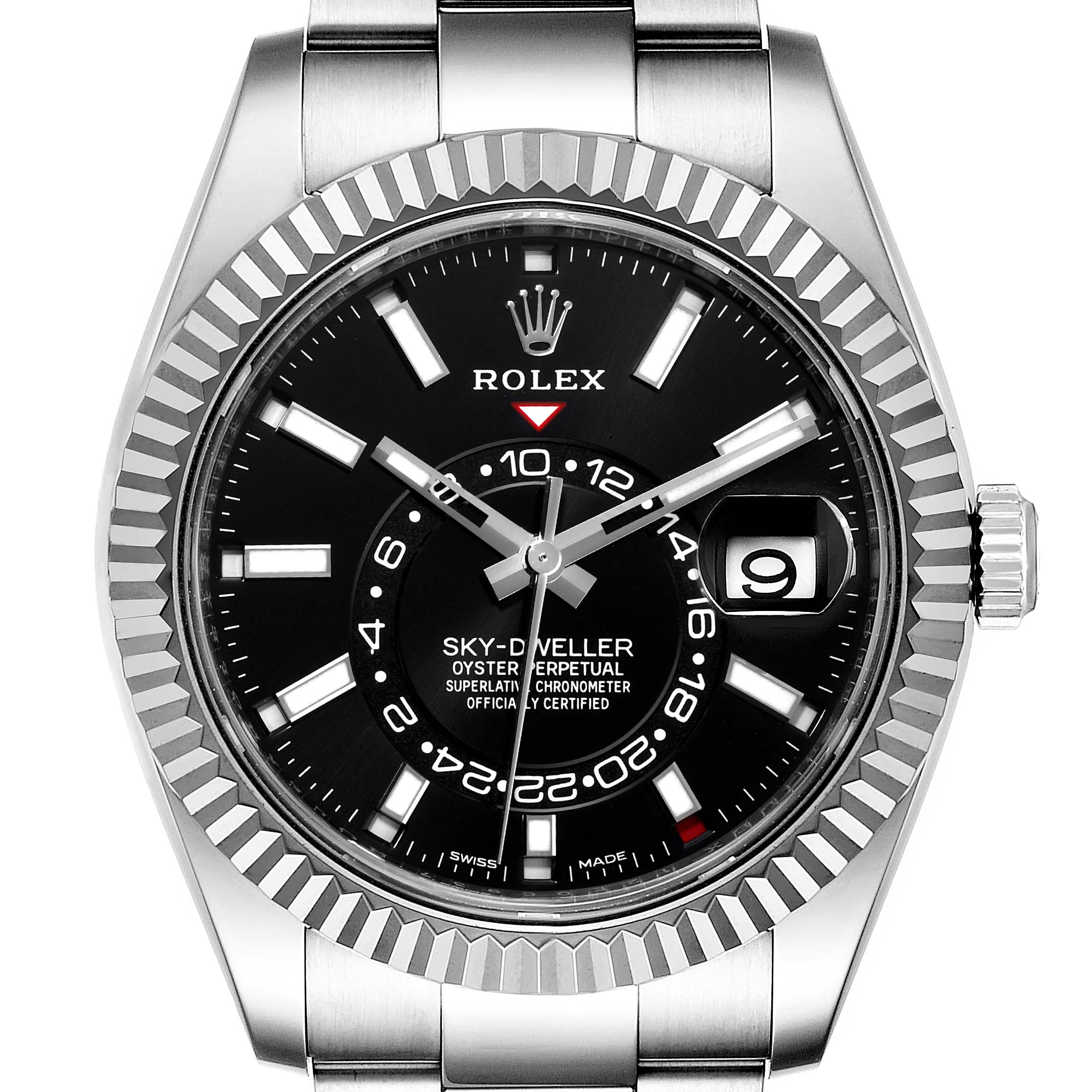 This image shows a front view of the Rolex Sky-Dweller 326934 Men's Stainless Steel Black Dial 326934 Men's Stainless Steel Black Dial, highlighting its black dial, fluted bezel, and stainless steel bracelet.