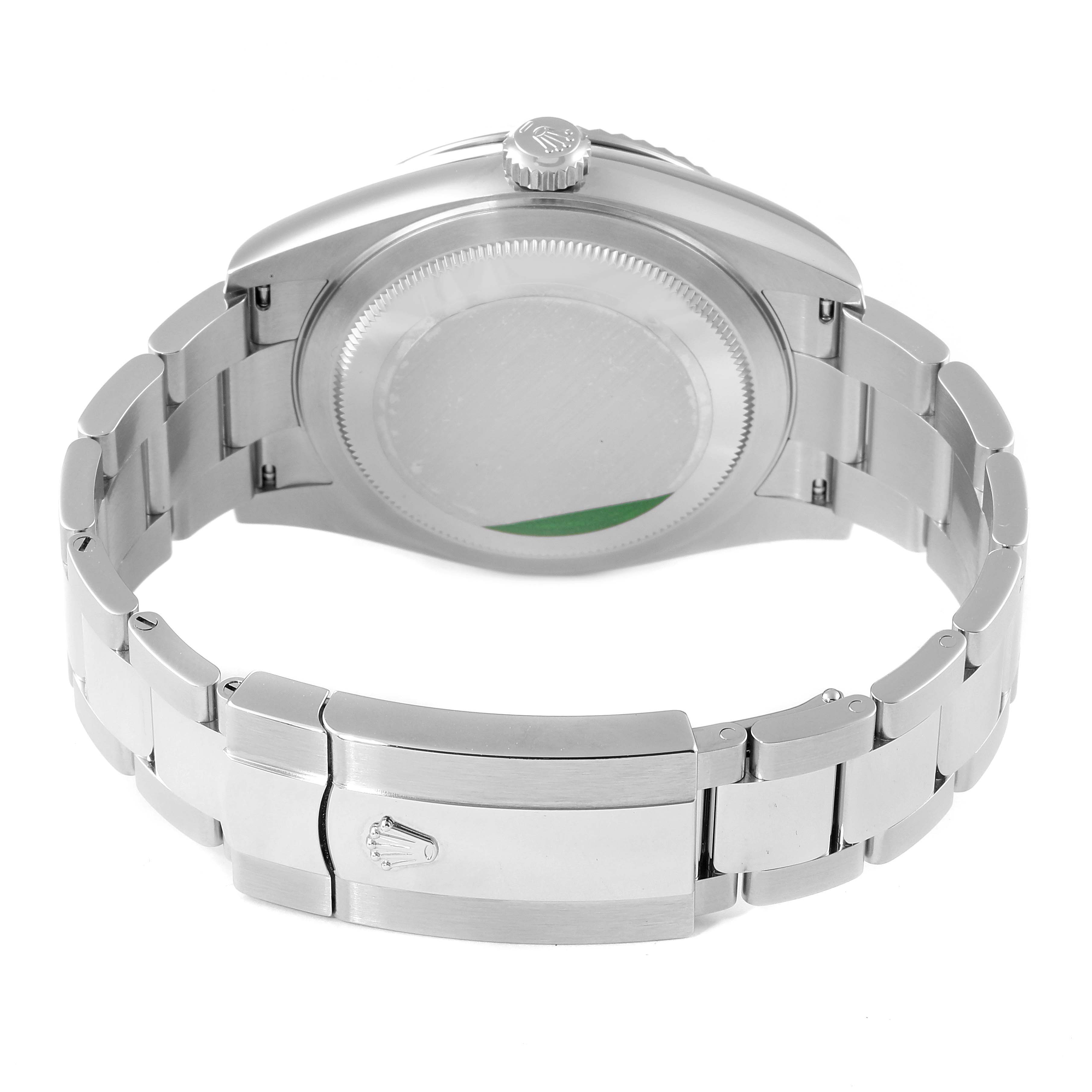 This image shows the Rolex Sky-Dweller 326934 Men's Stainless Steel Black Dial 326934 Men's Stainless Steel Black Dial watch from a rear angle, highlighting the bracelet, clasp, and case back.