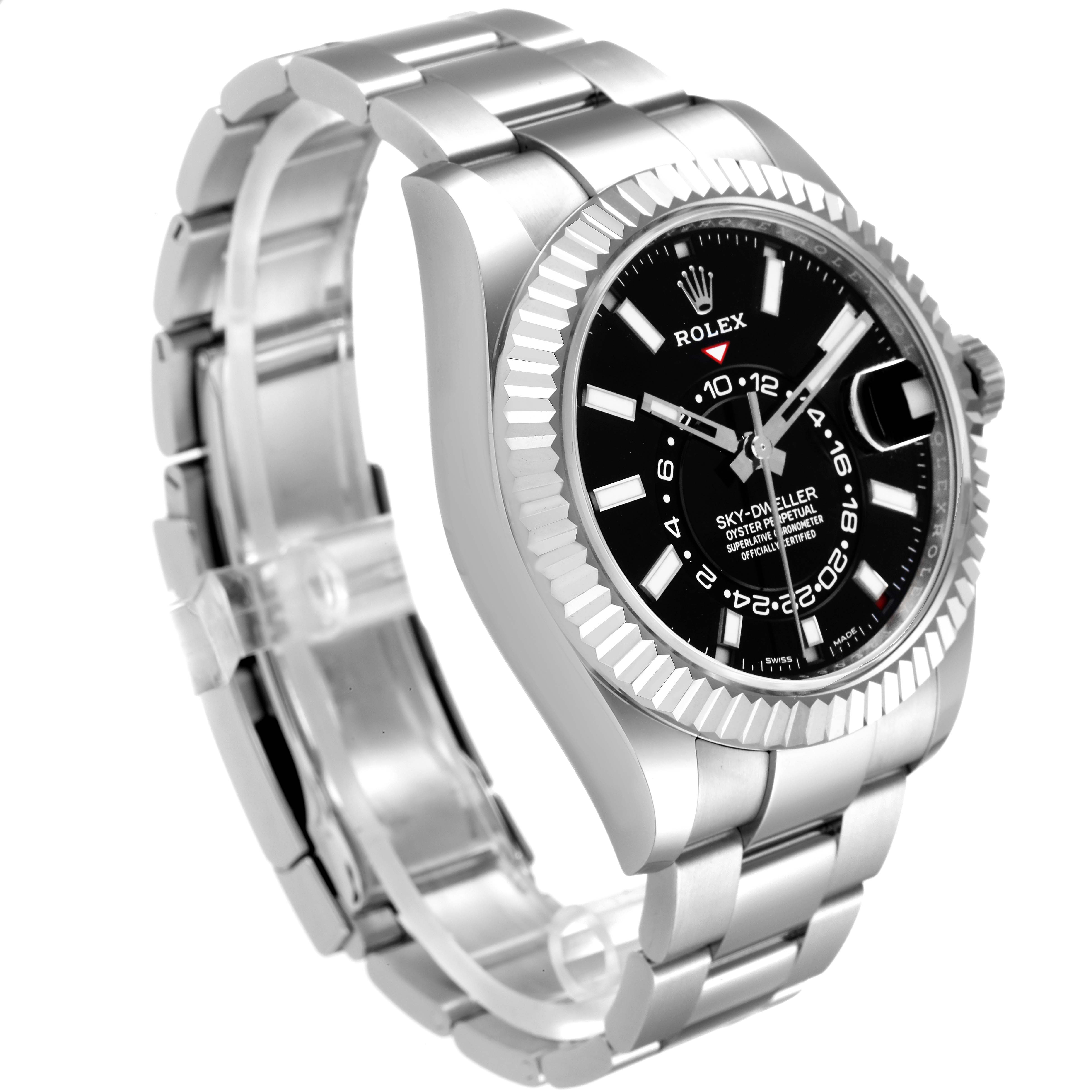 This image showcases a Rolex Sky-Dweller 326934 Men's Stainless Steel Black Dial 326934 Men's Stainless Steel Black Dial watch from an angle highlighting the face, bezel, crown, and part of the bracelet.