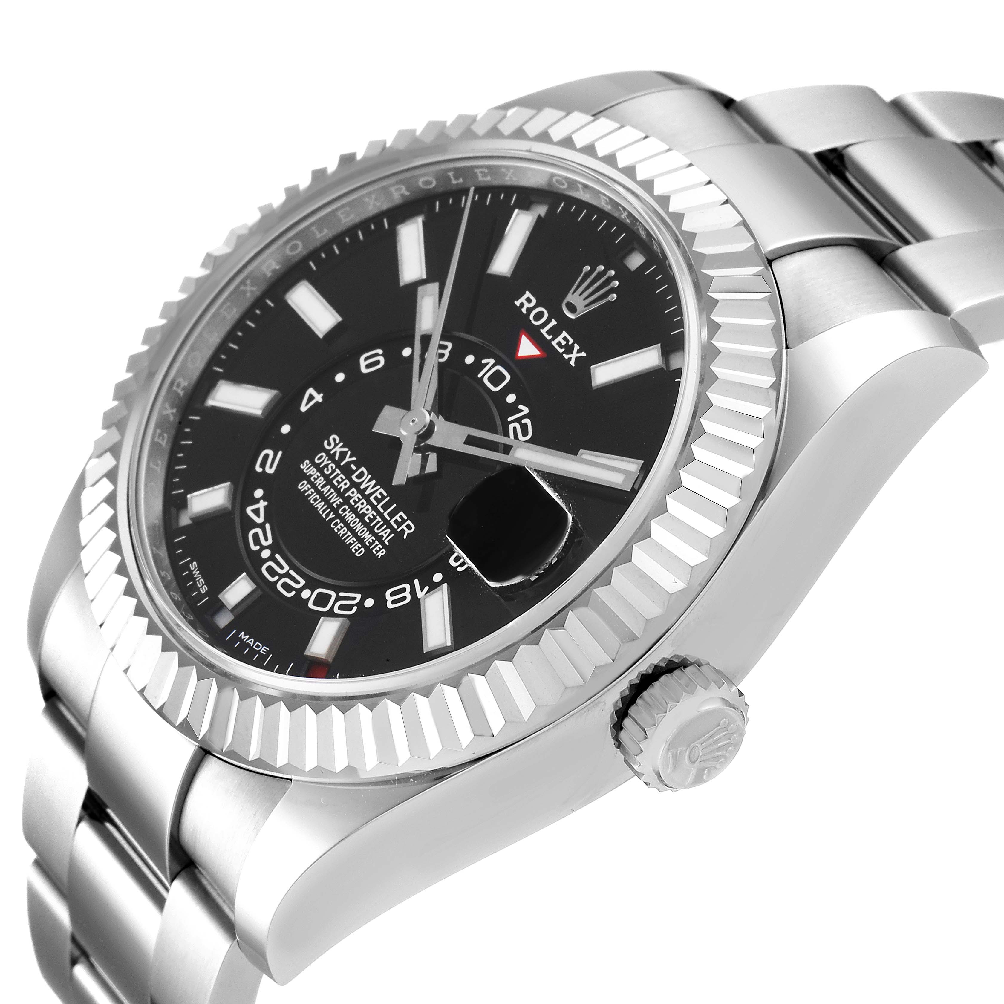The Rolex Sky-Dweller 326934 Men's Stainless Steel Black Dial 326934 Men's Stainless Steel Black Dial watch is shown at an oblique angle, highlighting the dial, bezel, crown, and part of the bracelet.