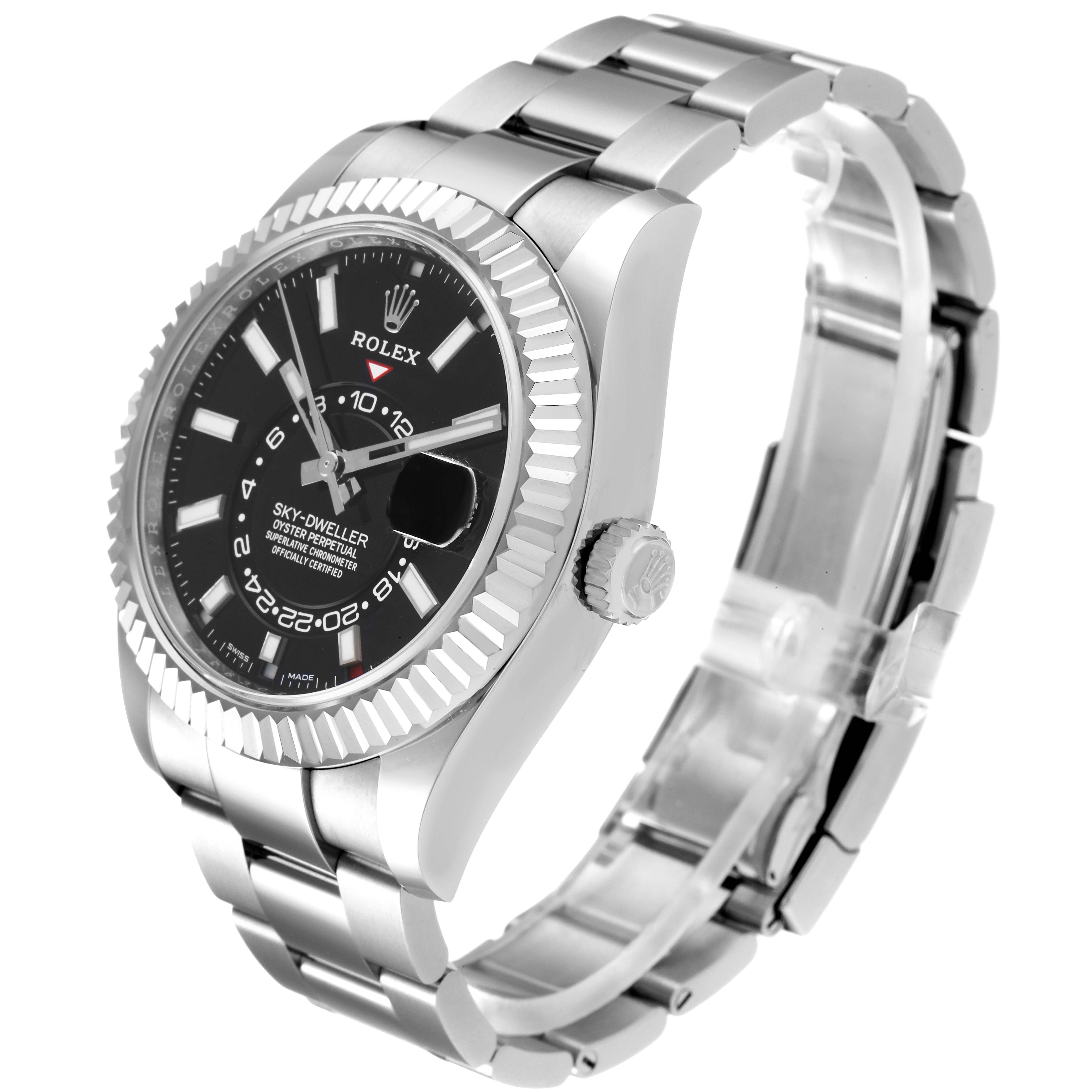 The image shows a Rolex Sky-Dweller 326934 Men's Stainless Steel Black Dial 326934 Men's Stainless Steel Black Dial watch at a three-quarter angle, highlighting its black dial, fluted bezel, and stainless steel bracelet.