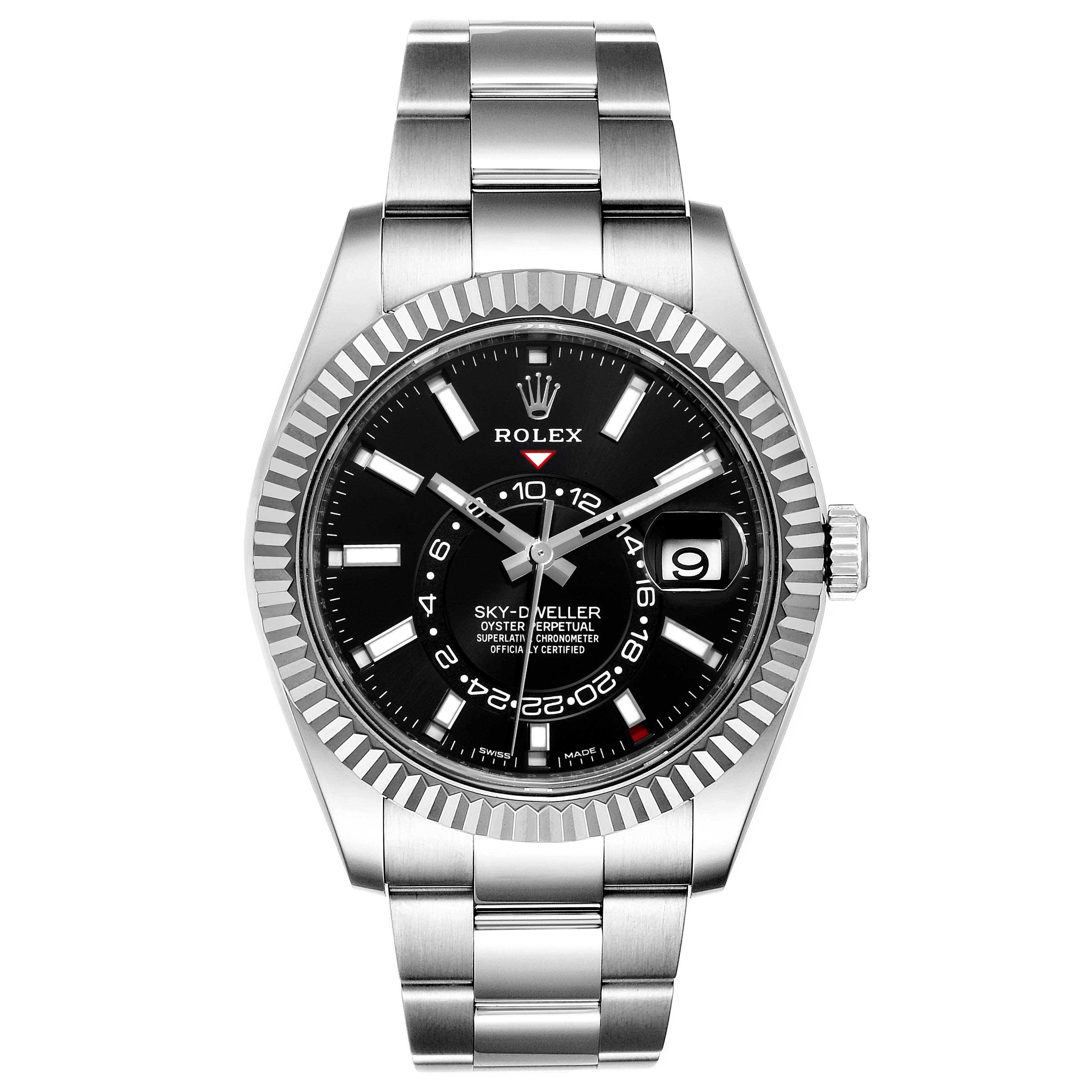 The image shows a frontal view of a Rolex Sky-Dweller 326934 Men's Stainless Steel Black Dial 326934 Men's Stainless Steel Black Dial watch, highlighting the dial, bezel, bracelet, and crown.