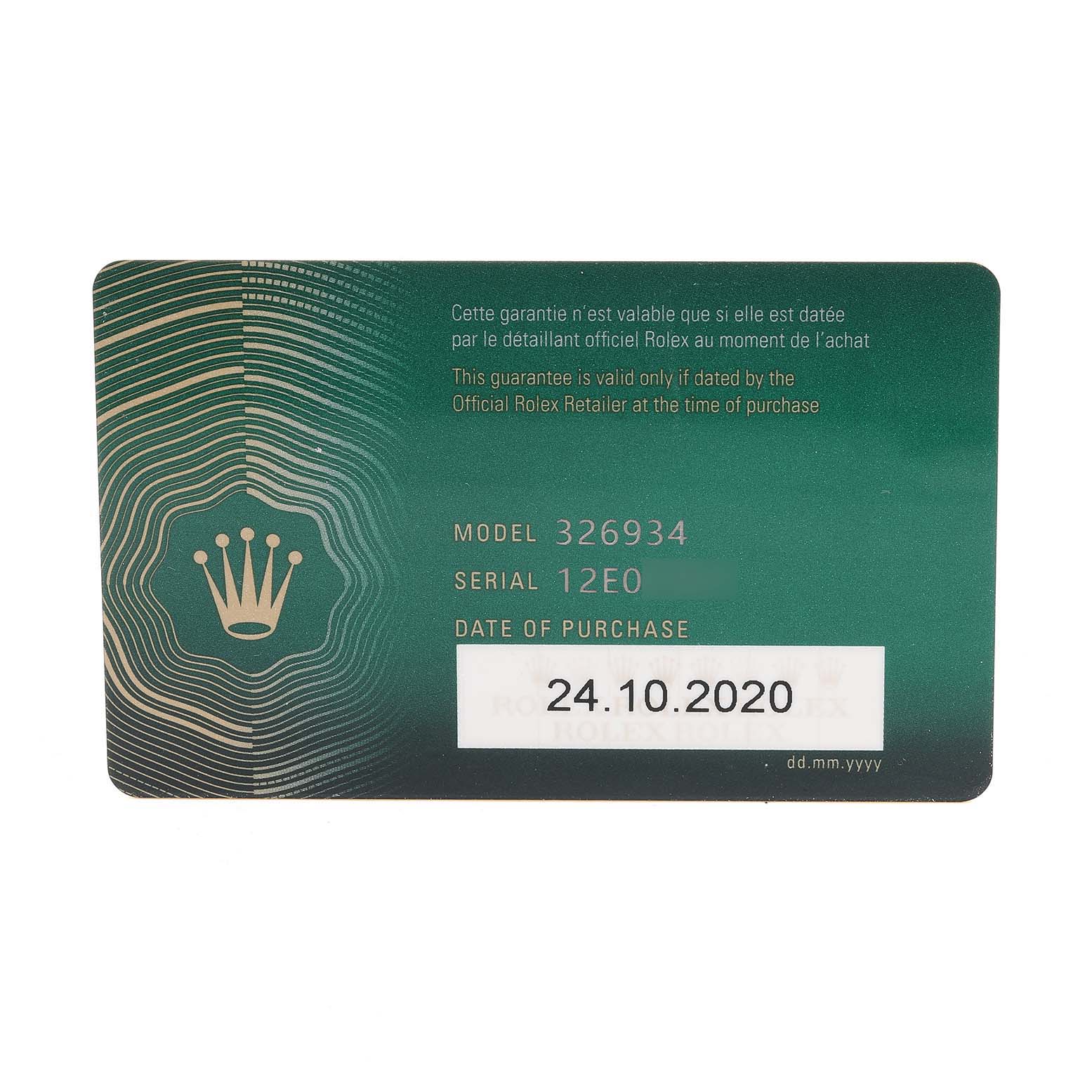 This is the warranty card for the Rolex Sky-Dweller 326934 Men's Stainless Steel Black Dial 326934 Men's Stainless Steel Black Dial model, showing the model number, serial number, and date of purchase.
