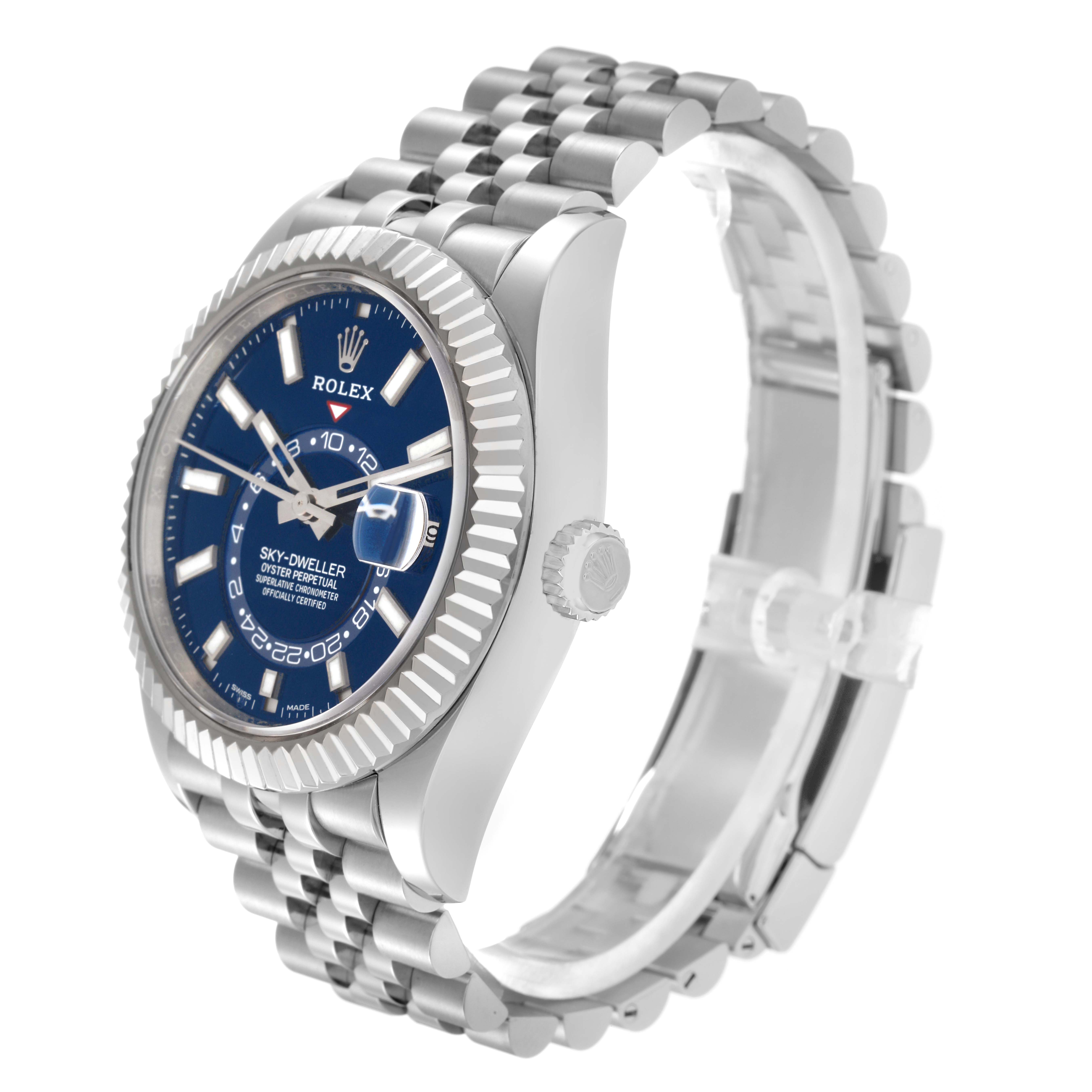 The Rolex Sky-Dweller 326934 Men
s Stainless Steel Blue Dial 326934 Men
s Stainless Steel Blue Dial watch is shown from a three-quarter angle, displaying the blue dial, bezel, crown, and bracelet.