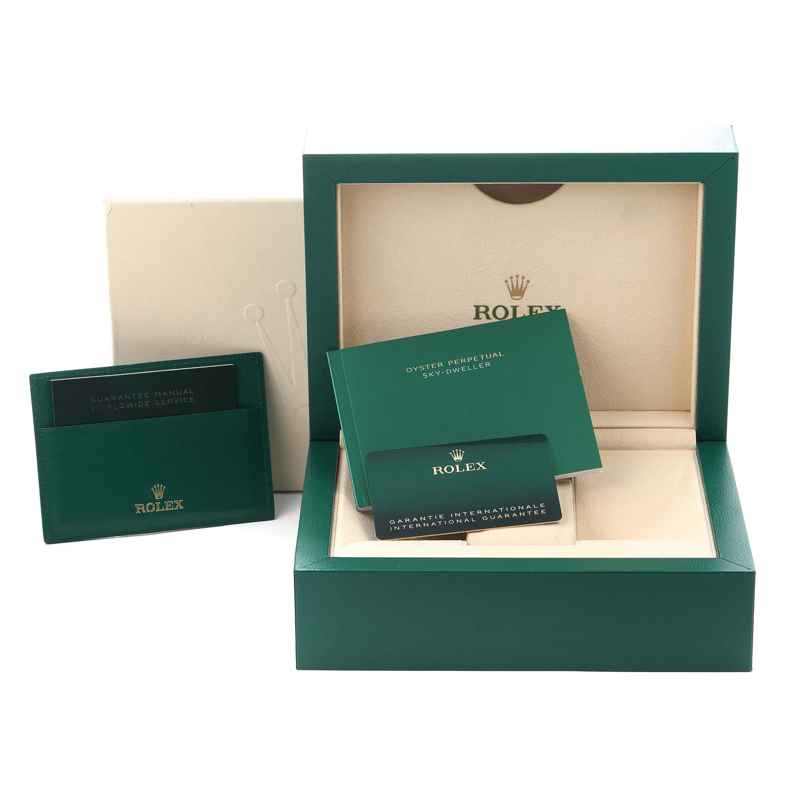 The image shows the Rolex Sky-Dweller 326934 Men
s Stainless Steel Blue Dial 326934 Men
s Stainless Steel Blue Dial packaging, warranty card, and manual from a frontal angle.