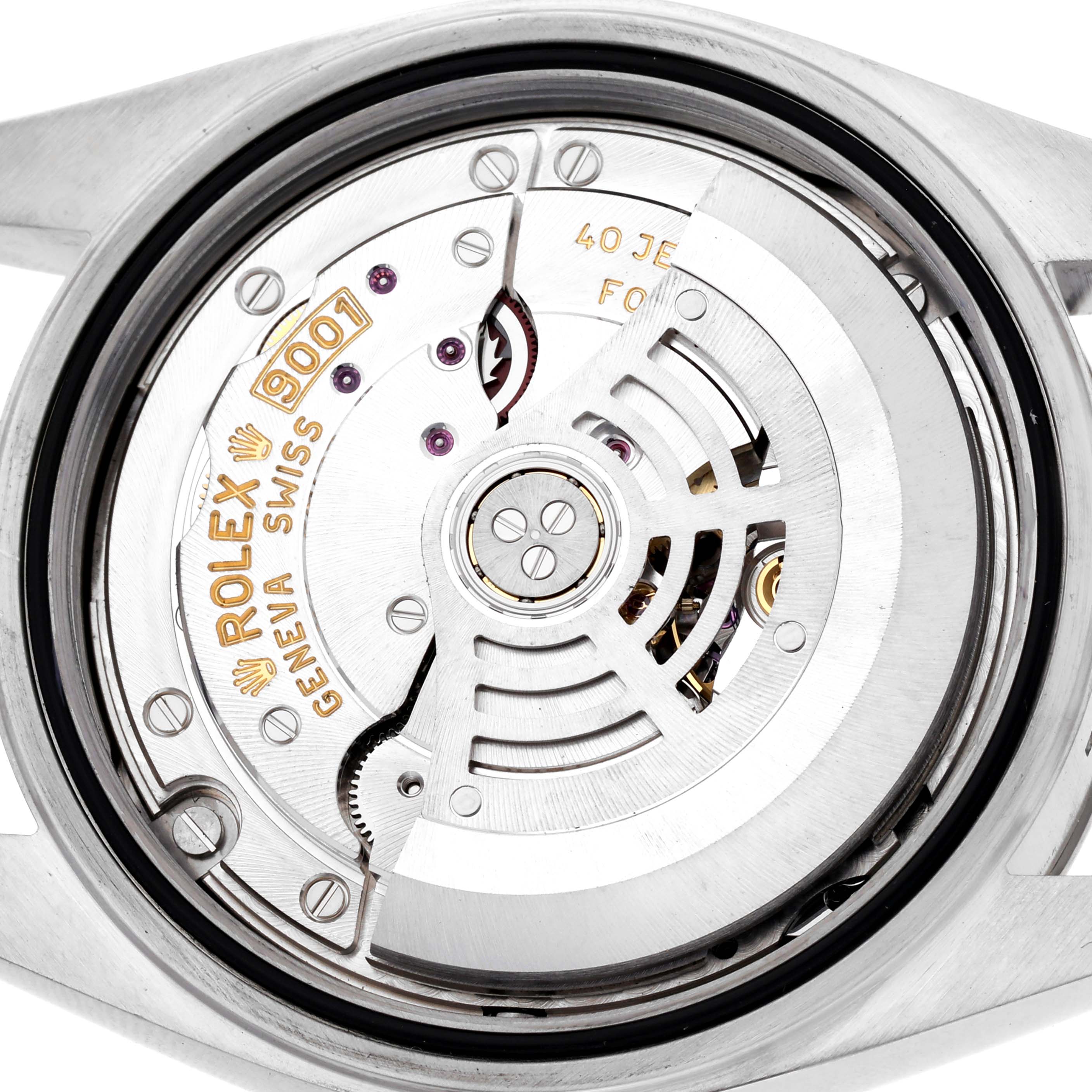 This image shows the movement of a Rolex Sky-Dweller 326934 Men
s Stainless Steel Blue Dial 326934 Men
s Stainless Steel Blue Dial watch from the back, highlighting the automatic rotor and engravings.