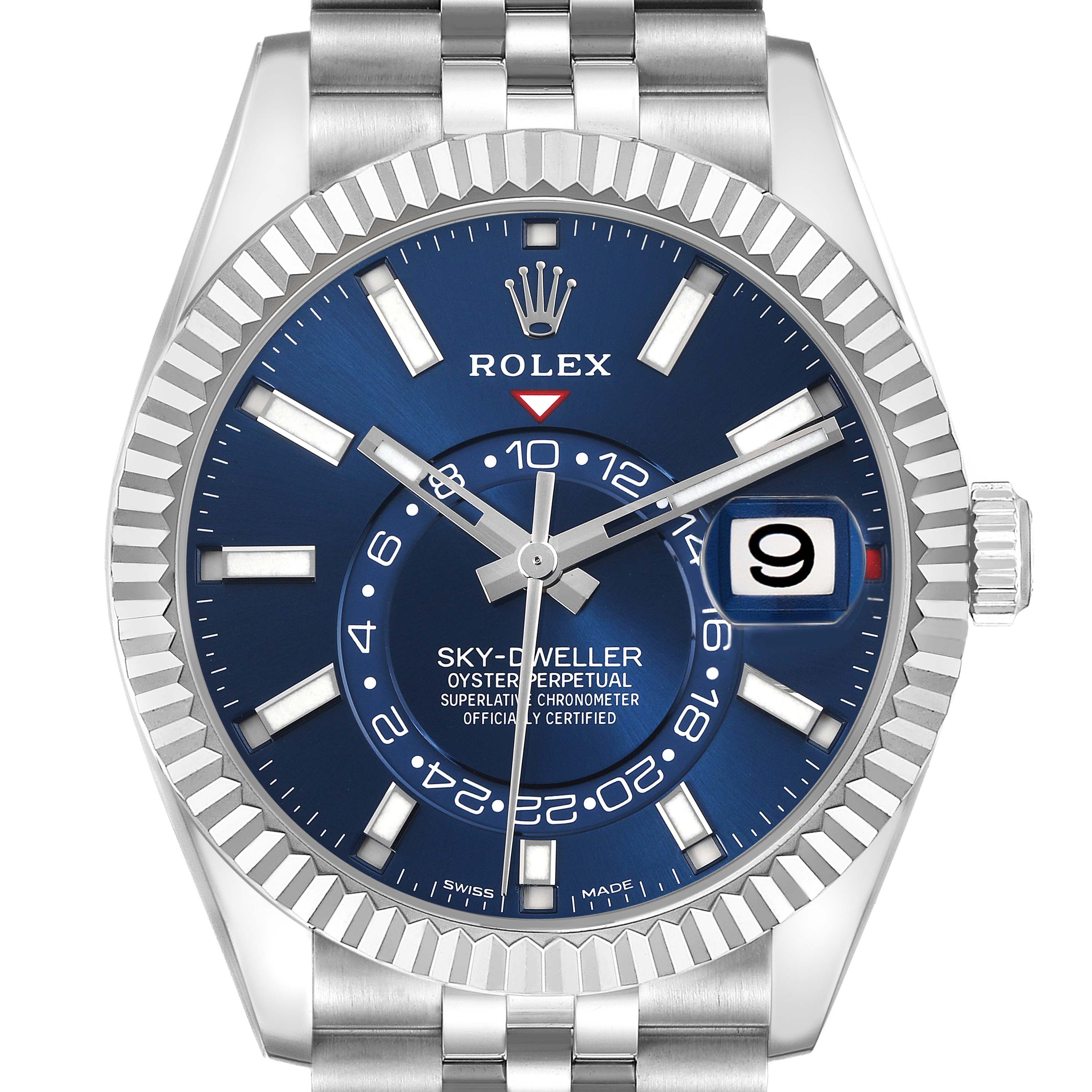 The Rolex Sky-Dweller 326934 Men
s Stainless Steel Blue Dial 326934 Men
s Stainless Steel Blue Dial is shown from a front angle, highlighting the blue dial, bezel, hands, and part of the bracelet.