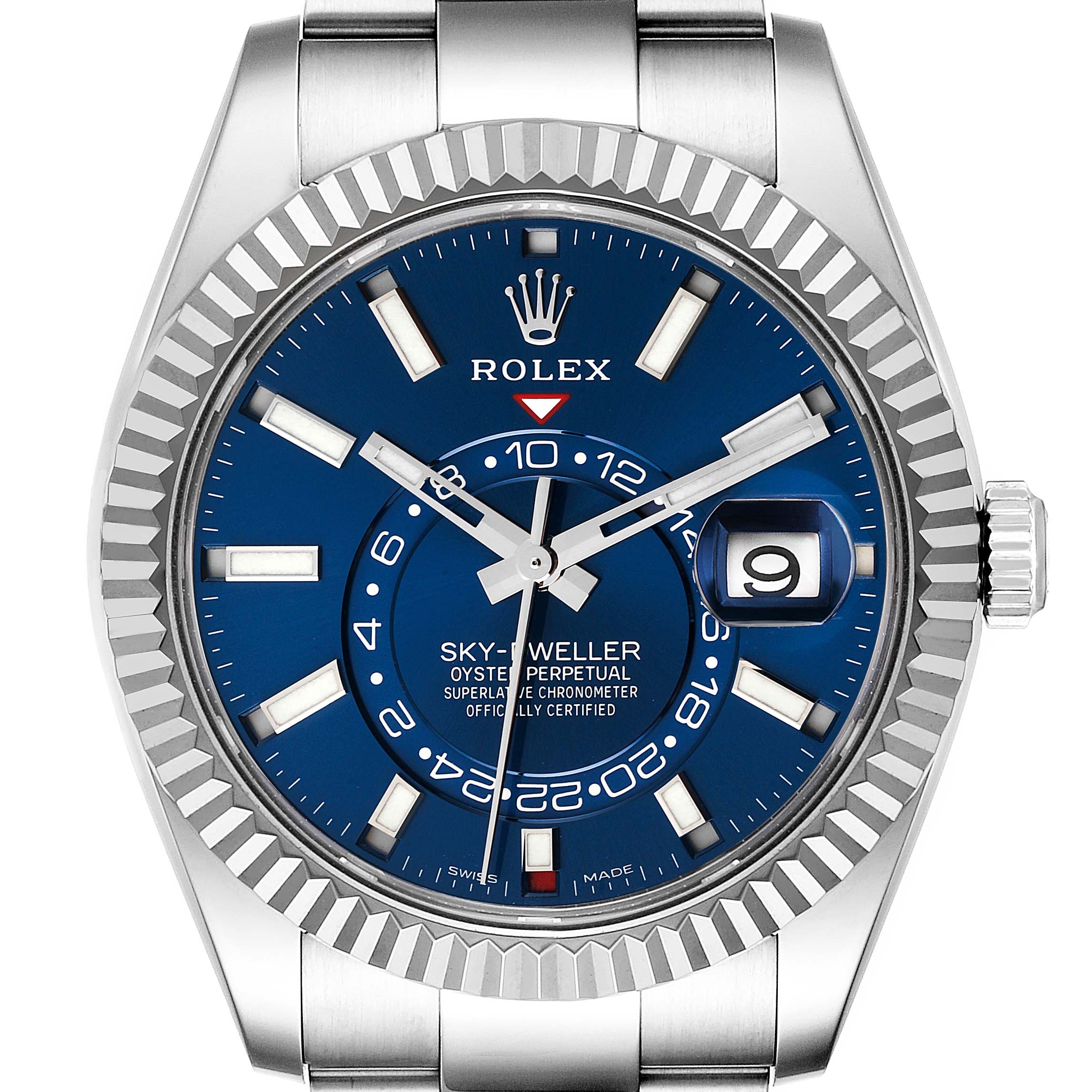 The image shows a front view of the Rolex Sky-Dweller 326934 Men's Stainless Steel Blue Dial 326934 Men's Stainless Steel Blue Dial watch, highlighting its blue dial, date window, and fluted bezel.