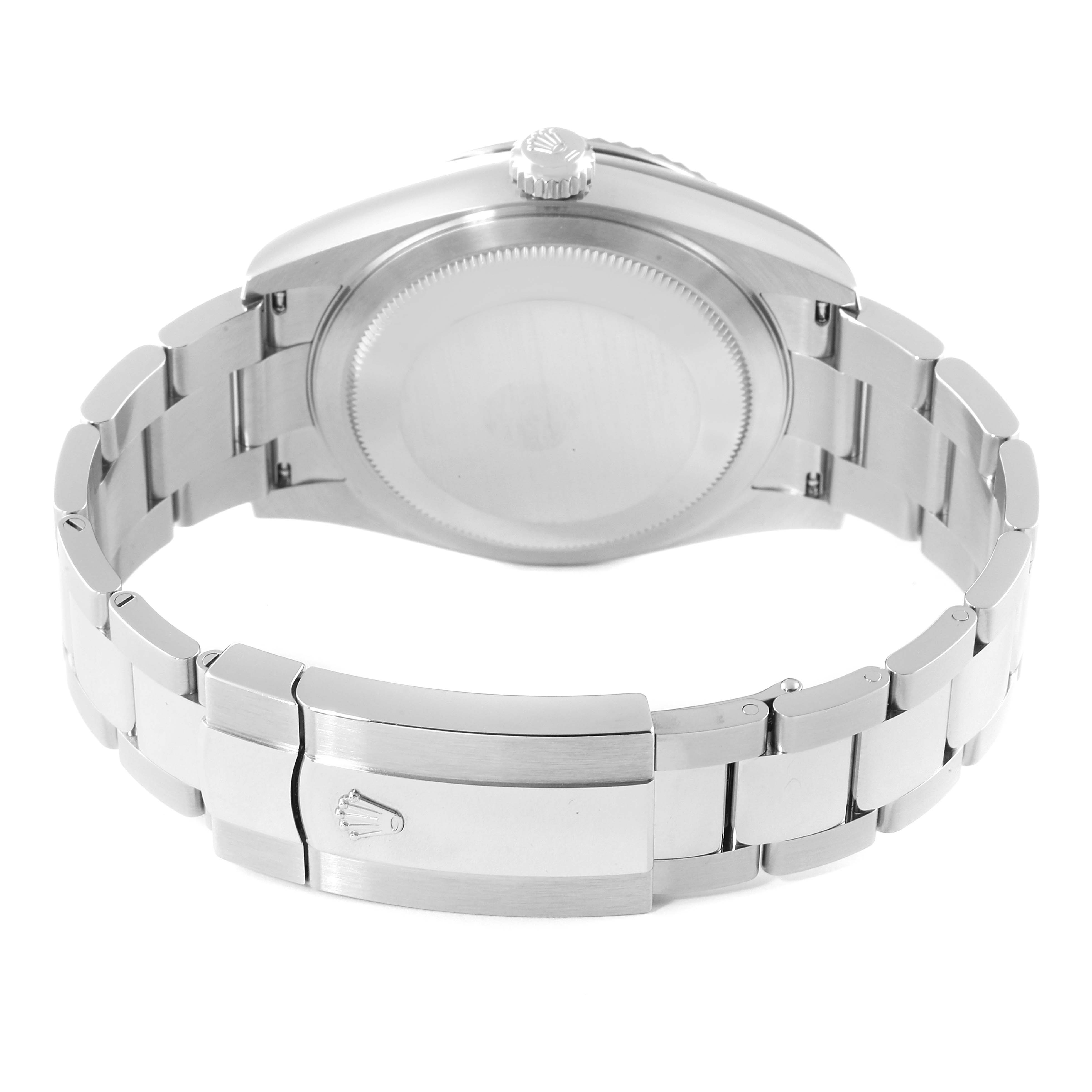 The image shows the back view and bracelet of a Rolex Sky-Dweller 326934 Men's Stainless Steel Blue Dial 326934 Men's Stainless Steel Blue Dial watch, focusing on the clasp and case back.