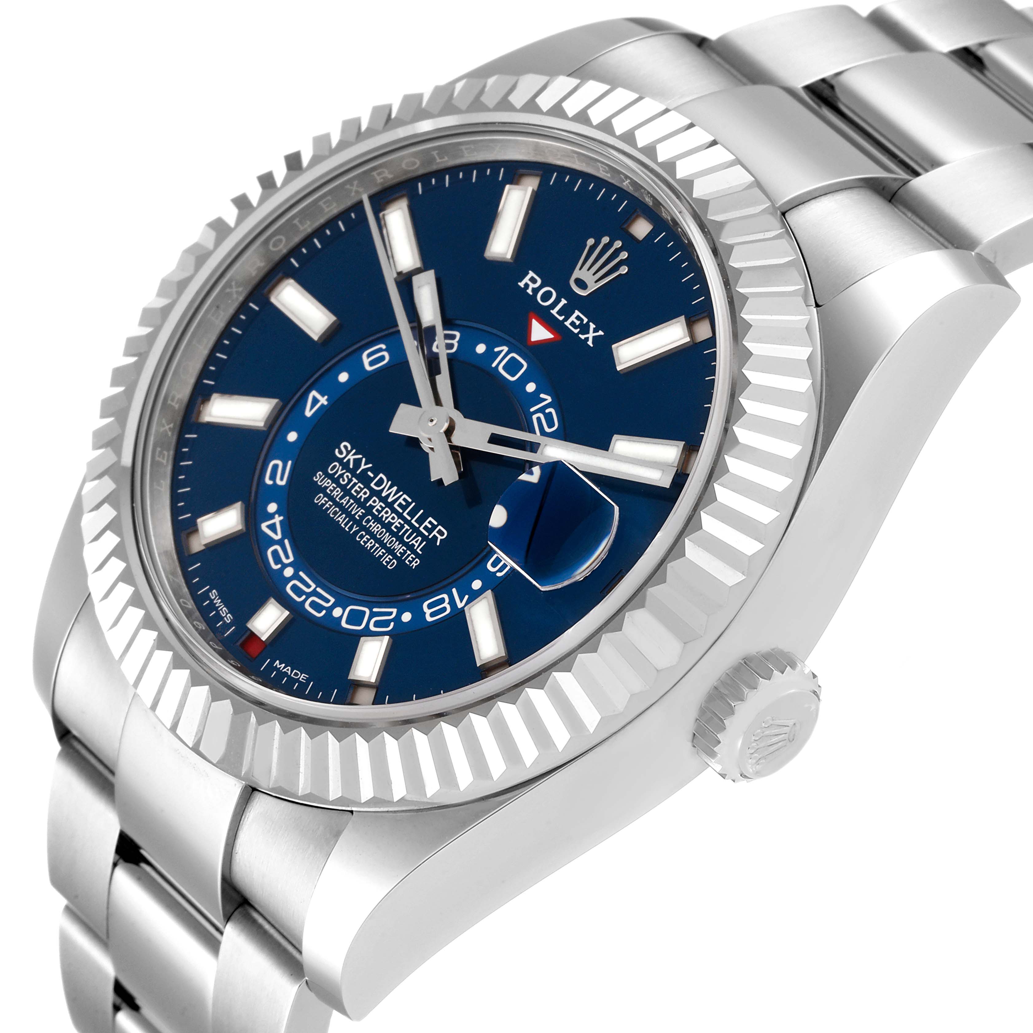 The image shows a Rolex Sky-Dweller 326934 Men's Stainless Steel Blue Dial 326934 Men's Stainless Steel Blue Dial watch from an angled side view highlighting the blue dial, bezel, and bracelet.