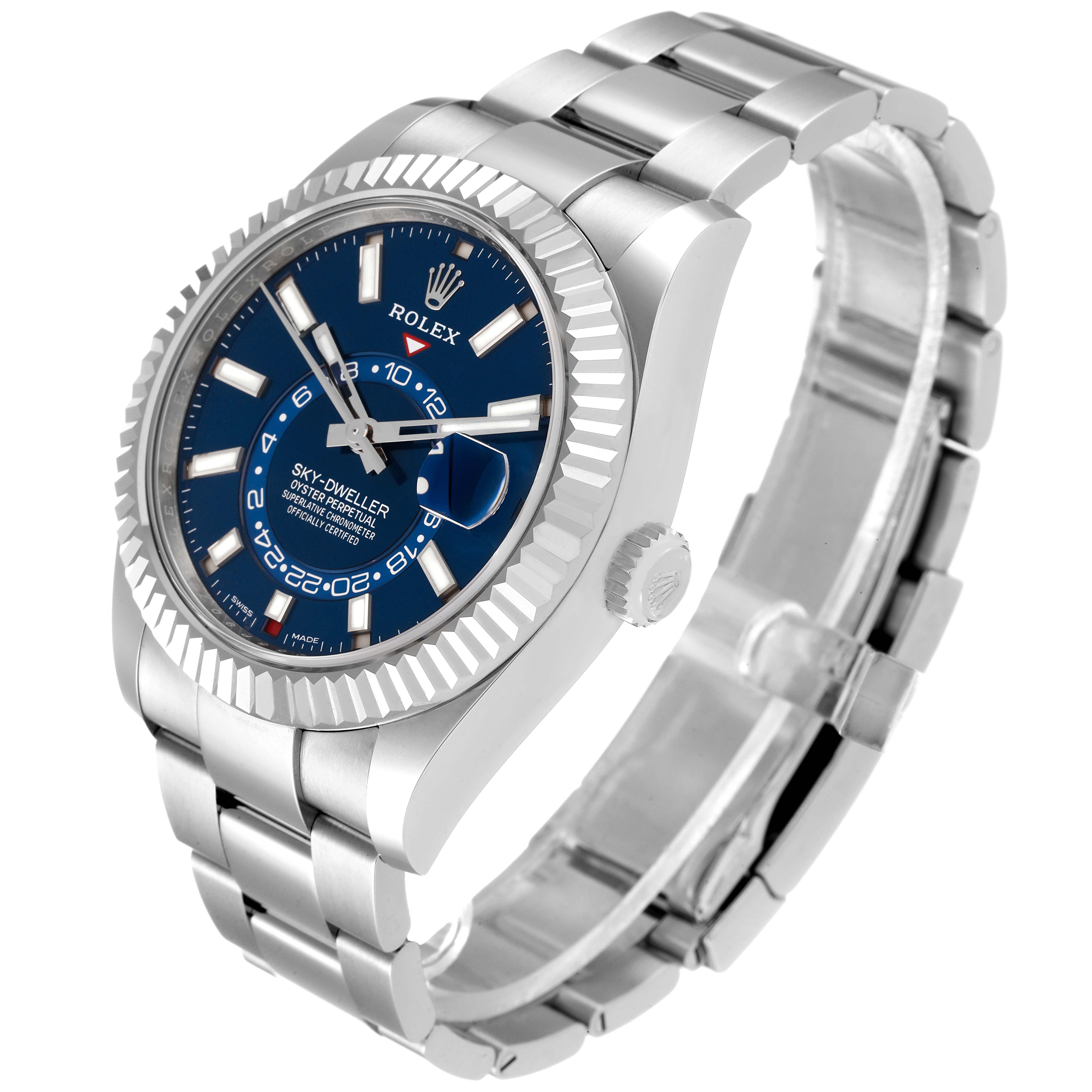 The Rolex Sky-Dweller 326934 Men's Stainless Steel Blue Dial 326934 Men's Stainless Steel Blue Dial watch is shown at a three-quarter angle, displaying the face, bezel, crown, and part of the bracelet.