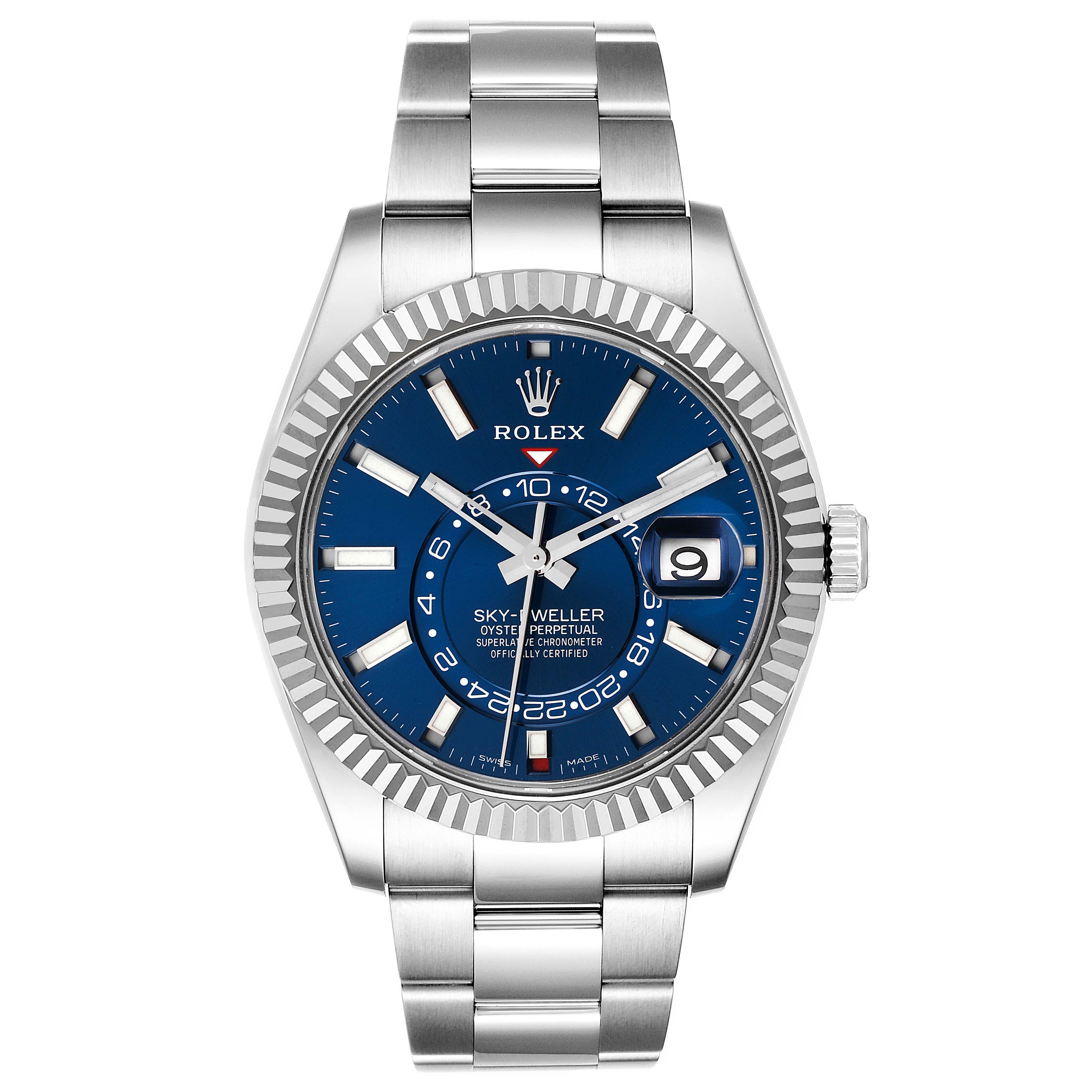 The image shows a front view of the Rolex Sky-Dweller 326934 Men's Stainless Steel Blue Dial 326934 Men's Stainless Steel Blue Dial watch, highlighting the blue dial, fluted bezel, and stainless steel bracelet.