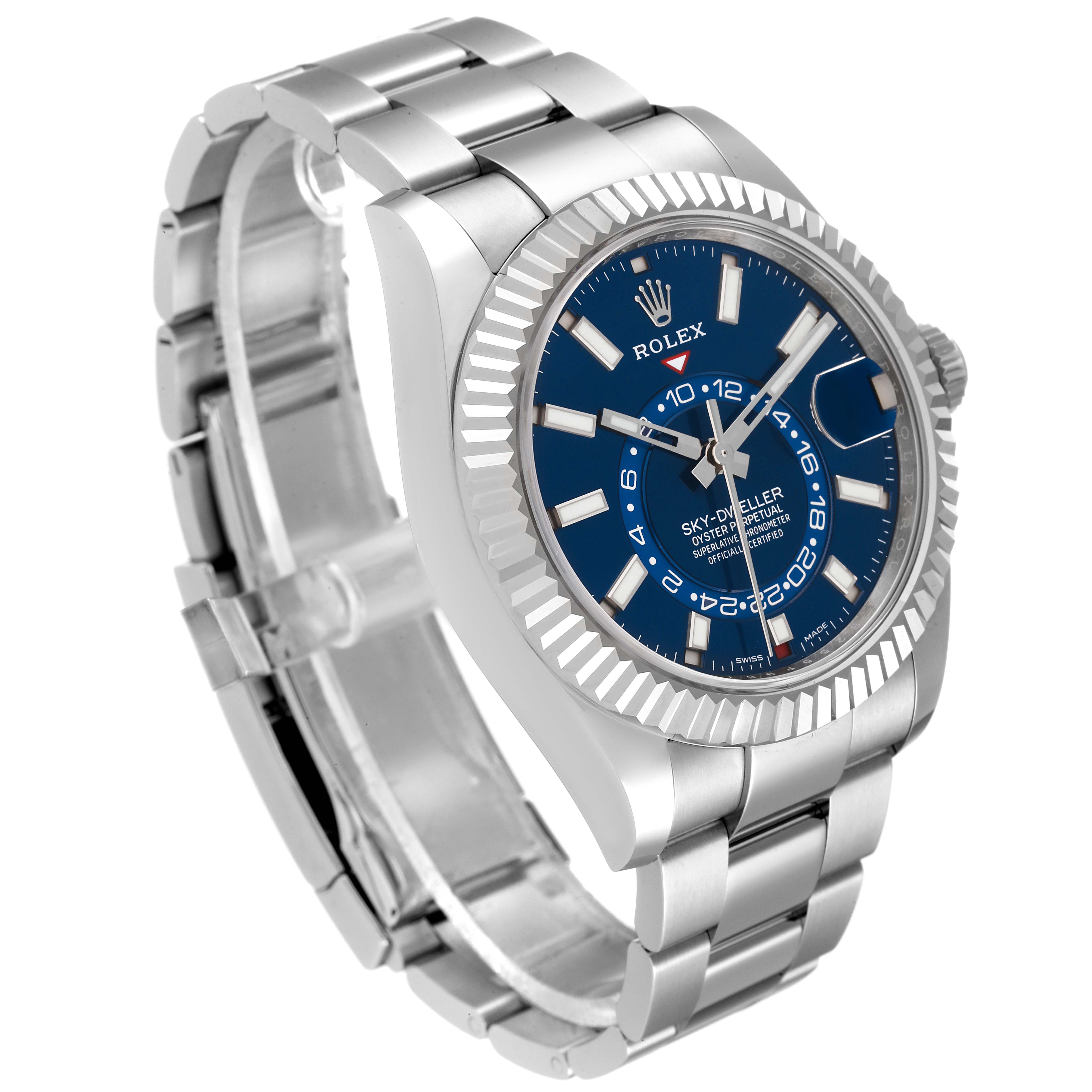 The image shows a Rolex Sky-Dweller 326934 Men's Stainless Steel Blue Dial 326934 Men's Stainless Steel Blue Dial watch at an angled view, highlighting its blue dial, bezel, and bracelet.