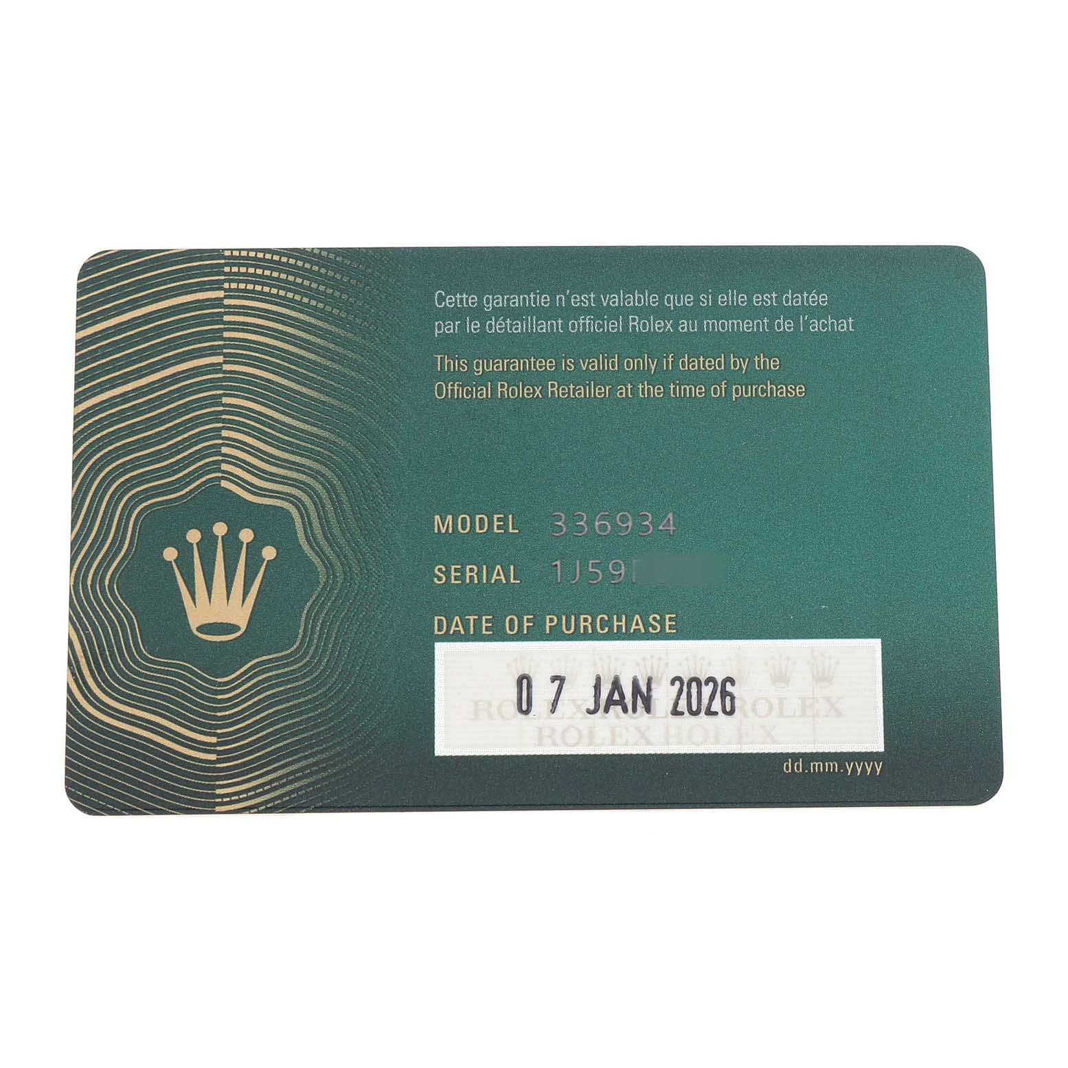 This image shows a Rolex Sky-Dweller 336934 Men's Stainless Steel Green Dial warranty card, displaying model, serial number, and purchase date.