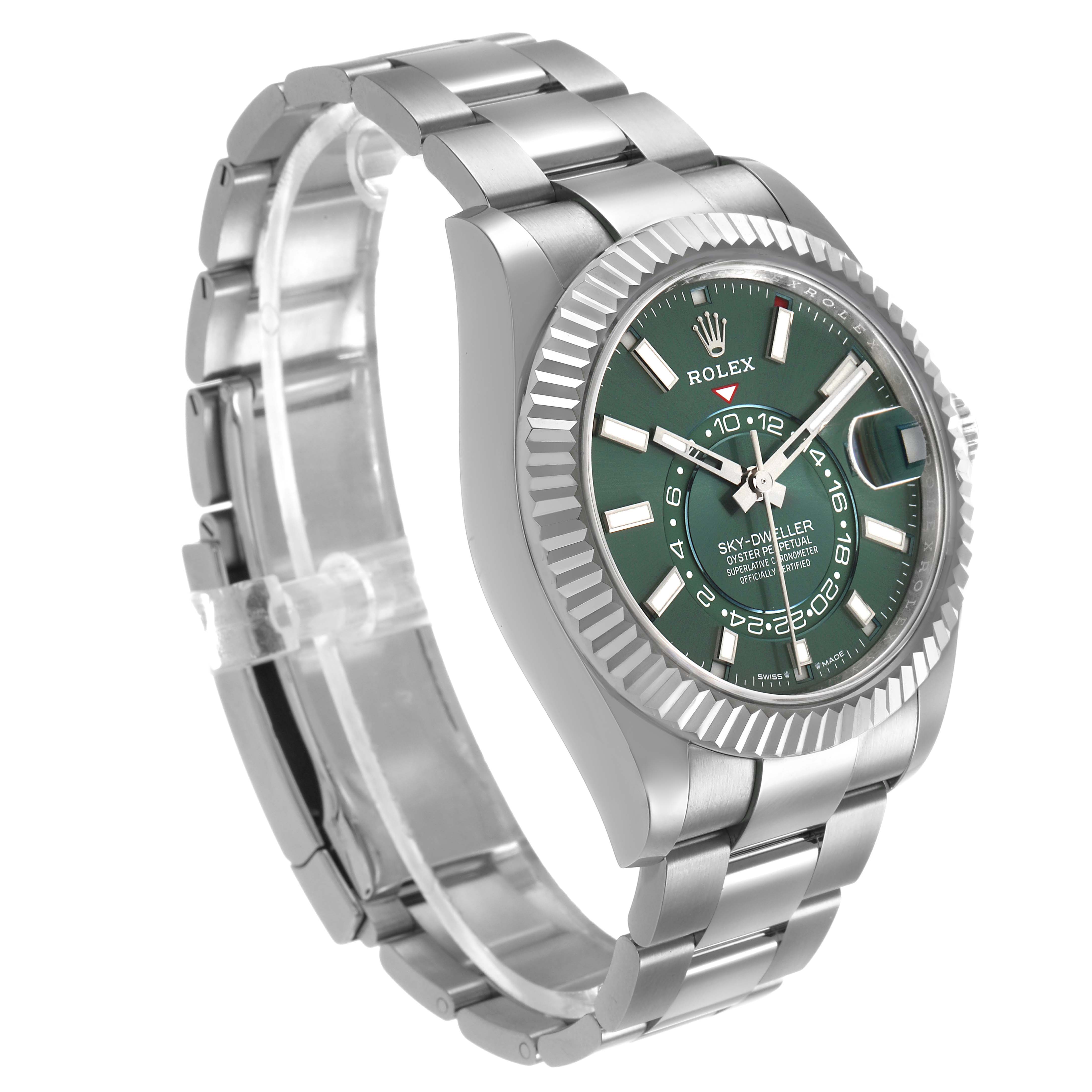 The Rolex Sky-Dweller 336934 Men's Stainless Steel Green Dial watch is shown at a three-quarter angle, highlighting the dial, bezel, and bracelet.