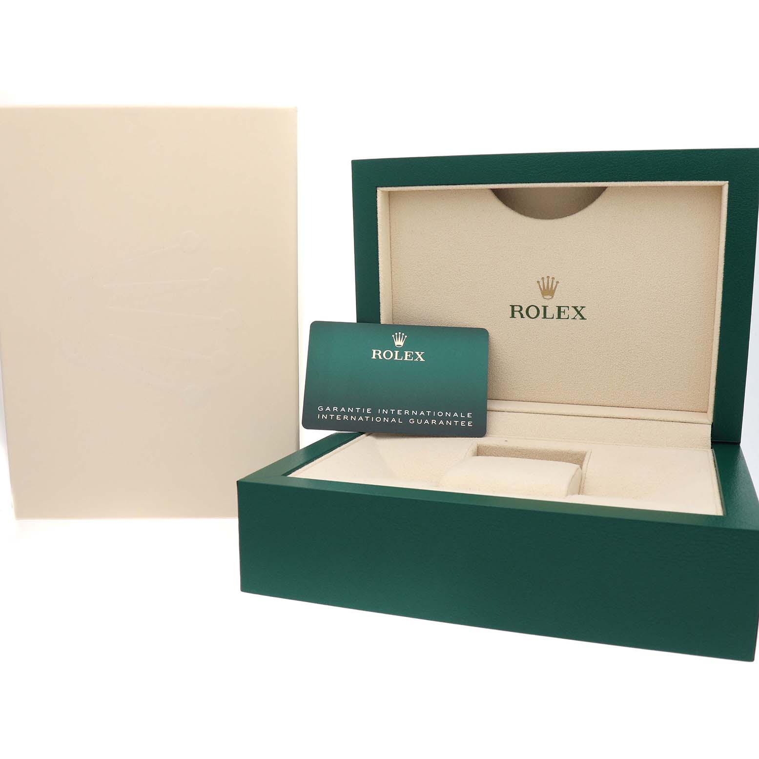 The image shows a Rolex Sky-Dweller 336934 Men's Stainless Steel Green Dial watch box, cardholder, and guarantee card, presented from a front angle.