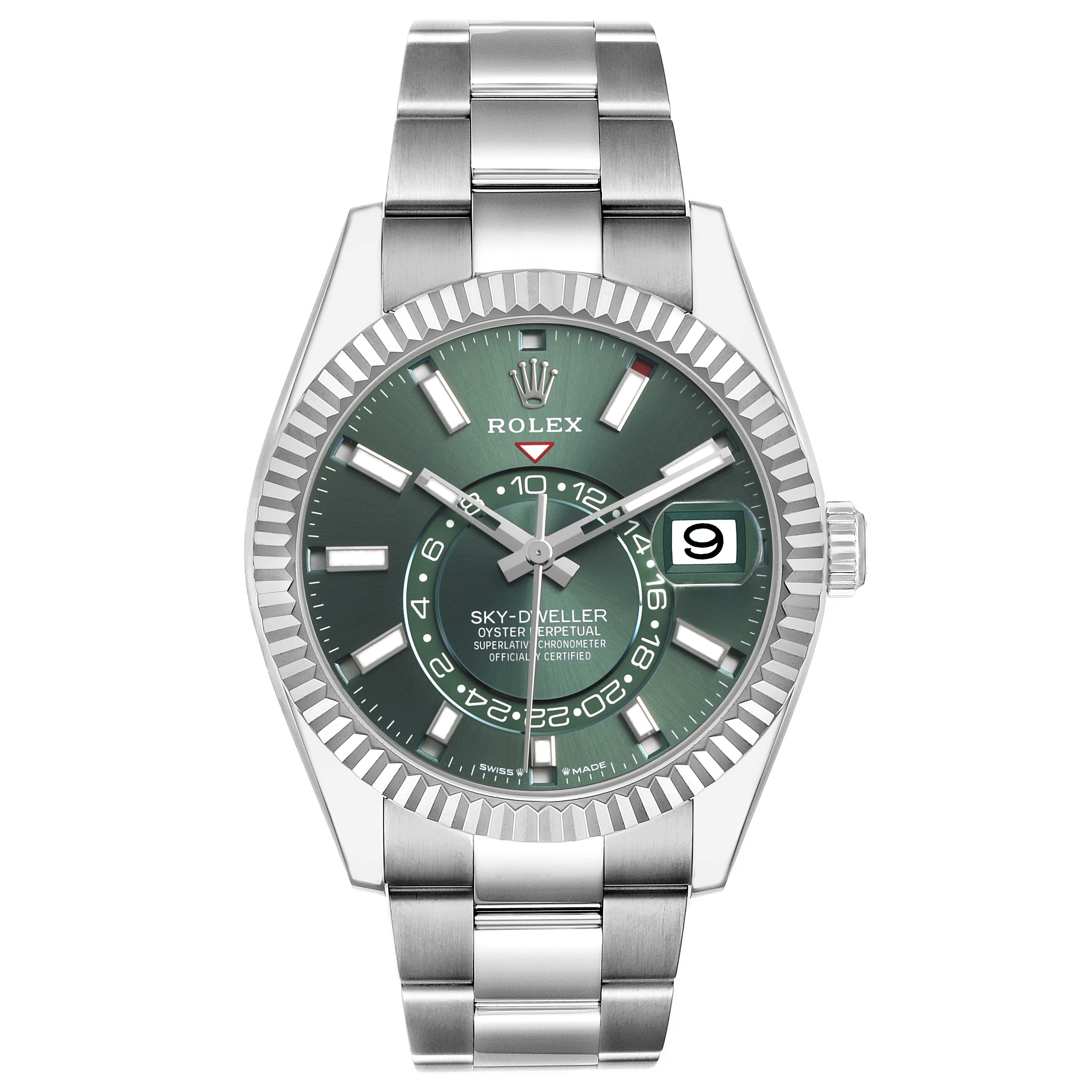 The Rolex Sky-Dweller 336934 Men's Stainless Steel Green Dial watch is shown from a front angle, displaying the face, bezel, and bracelet.