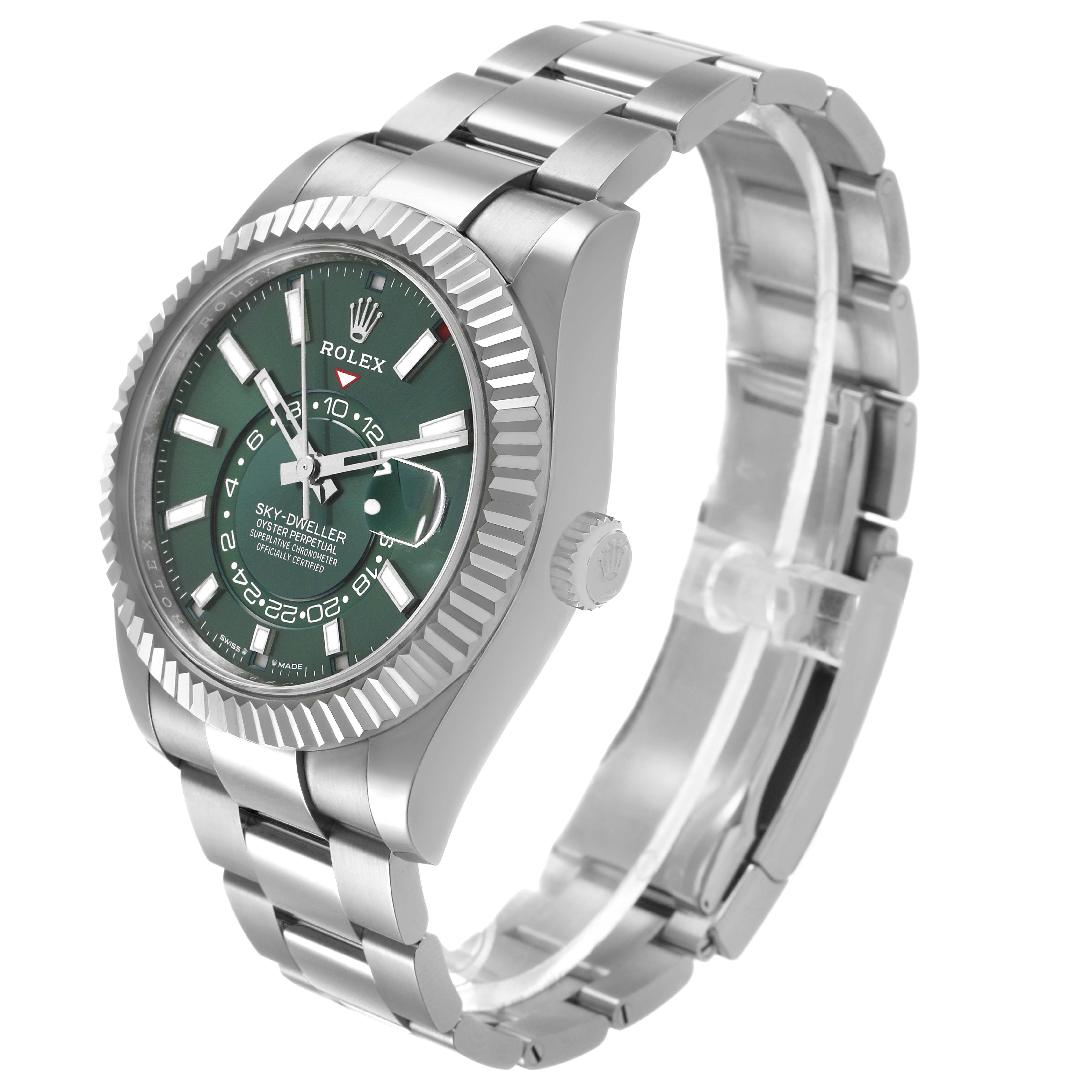 The Rolex Sky-Dweller 336934 Men's Stainless Steel Green Dial is shown angled from the side, highlighting the green dial, fluted bezel, and stainless steel bracelet.
