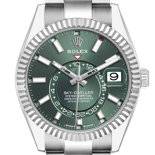 This Rolex Sky-Dweller 336934 Men's Stainless Steel Green Dial watch is shown from the front, featuring its dial, markers, and fluted bezel.