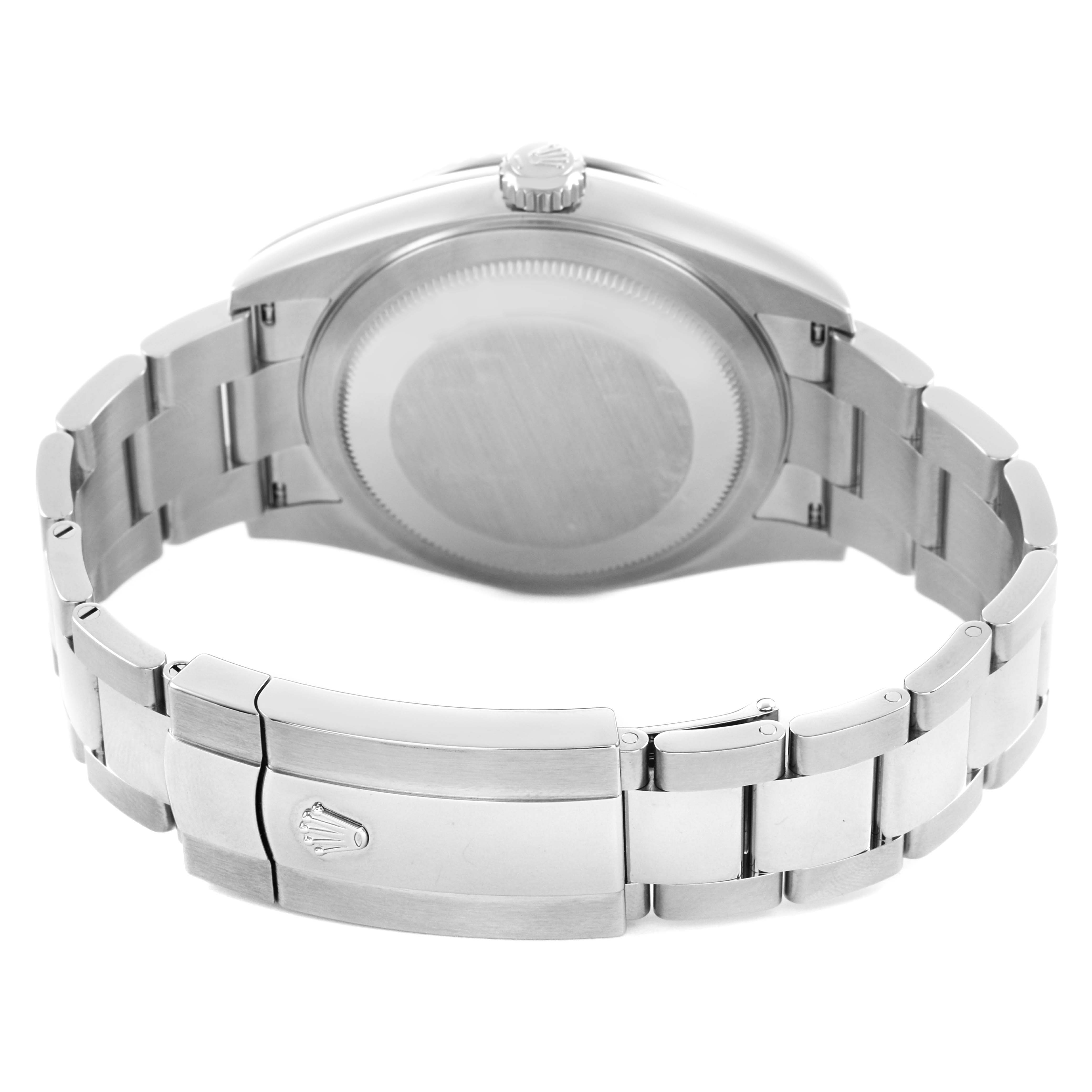 The image shows the back of a Rolex Sky-Dweller 336934 Men's Stainless Steel Green Dial watch, focusing on the bracelet and clasp with the crown logo.